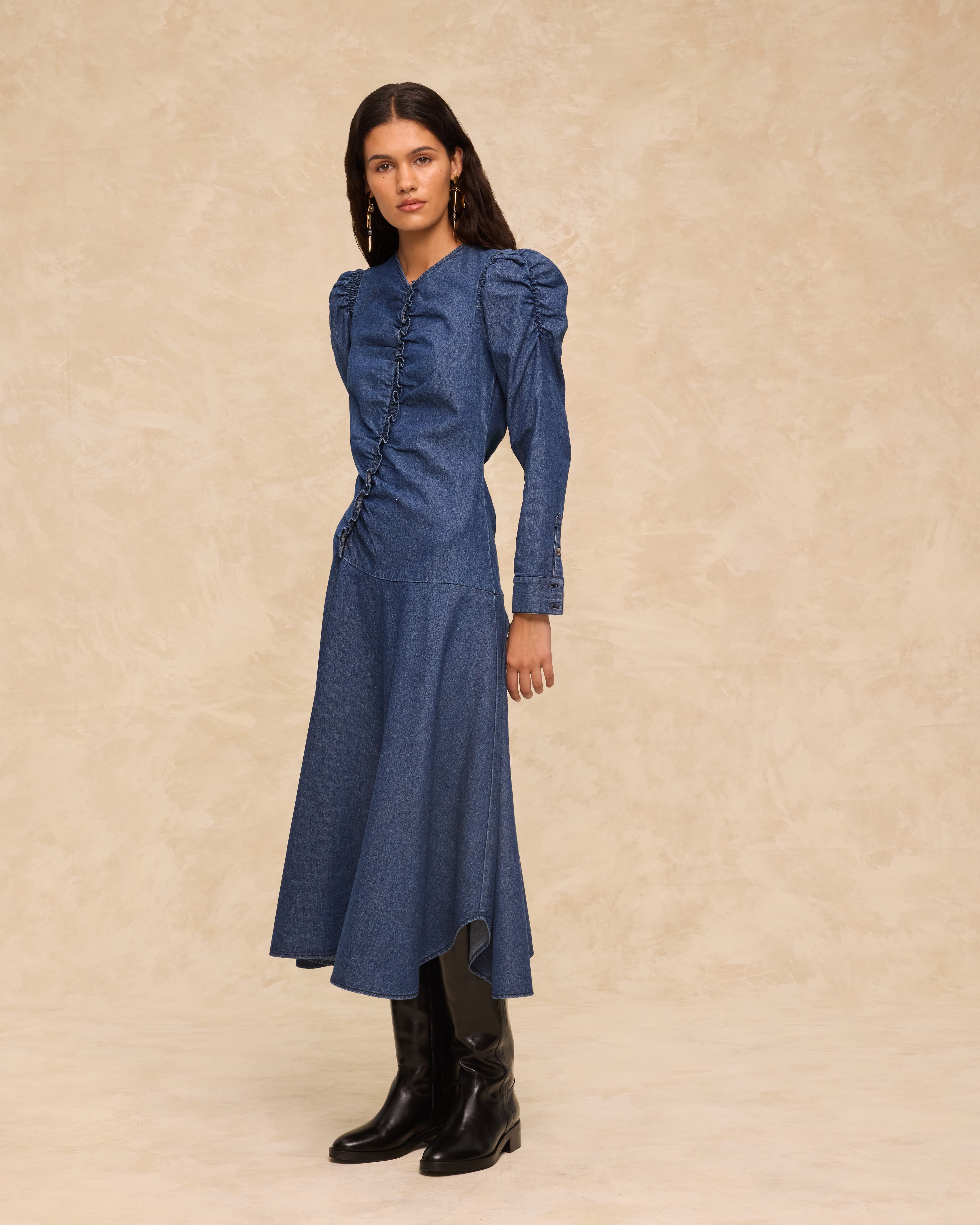 SIENNA | Indigo Blue Ruched Cotton Midi Dress - Image 3