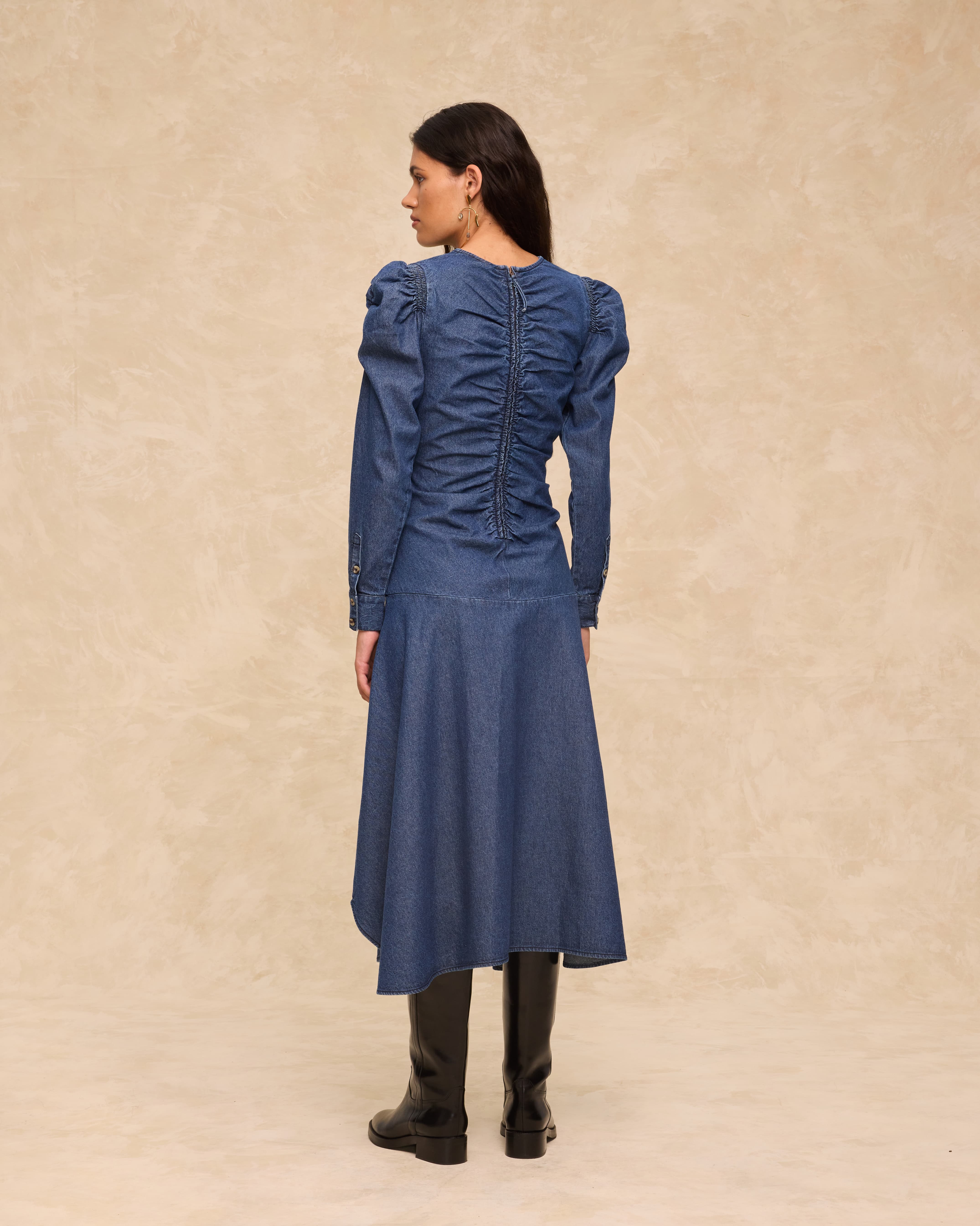 SIENNA | Indigo Blue Ruched Cotton Midi Dress - Image 4