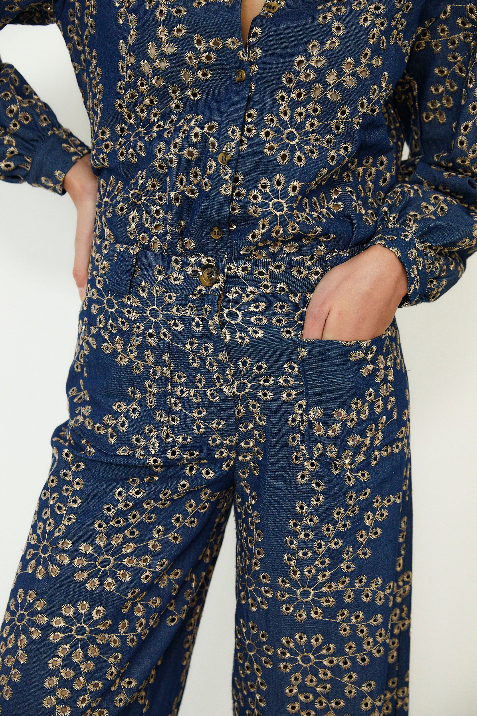 SKYSTITCH | Denim Blue Cotton Embroidered Trousers - Image 3
