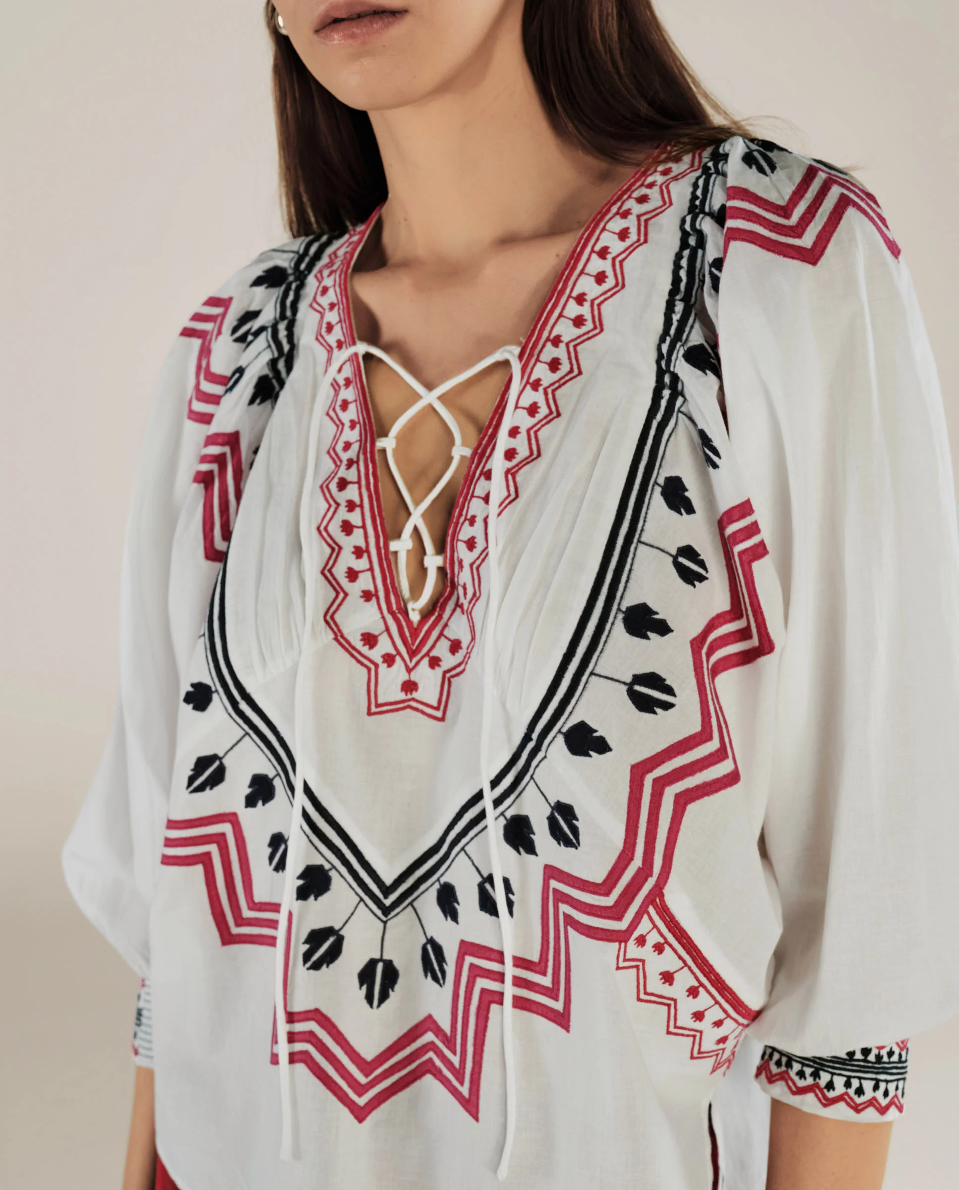 SOL | Off White Boho Embroidery Cotton Blouse - Image 3