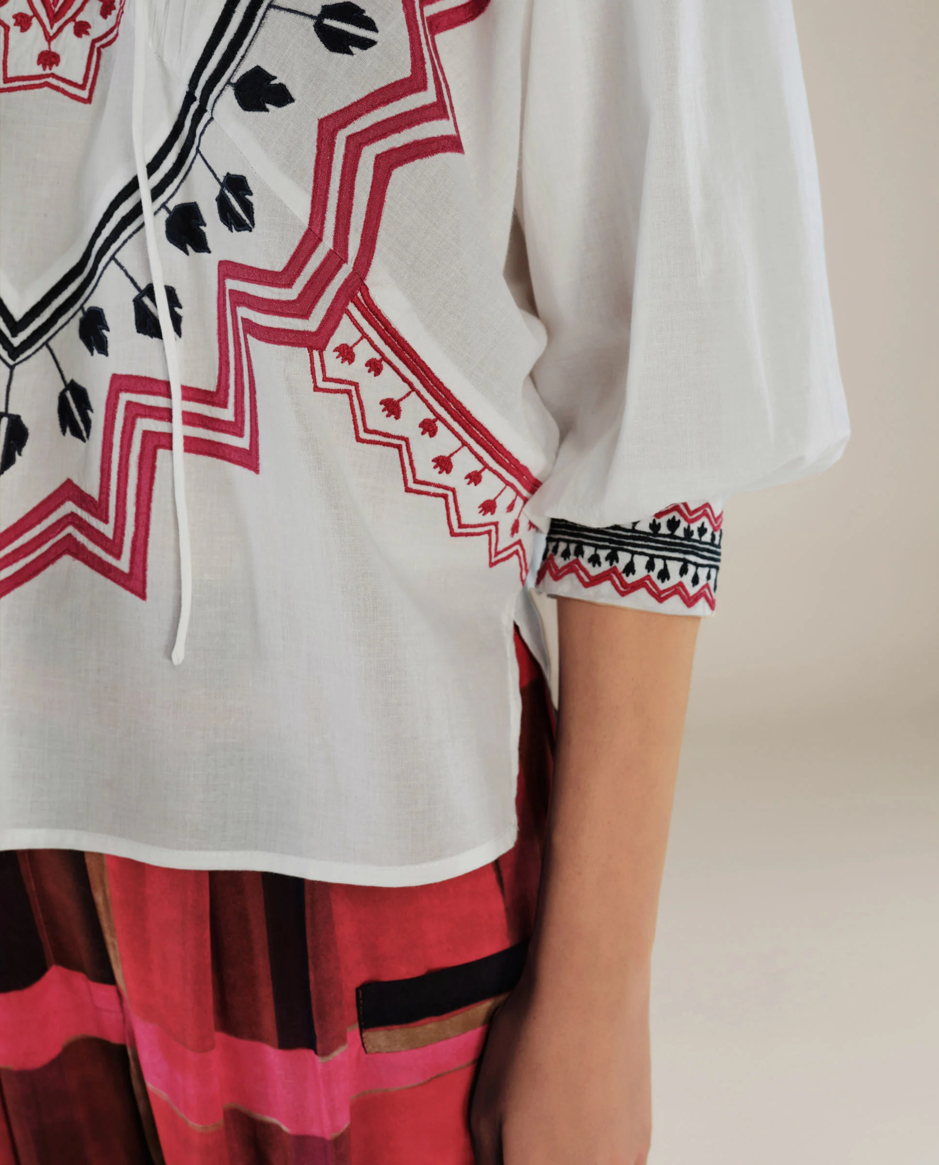 SOL | Off White Boho Embroidery Cotton Blouse - Image 4