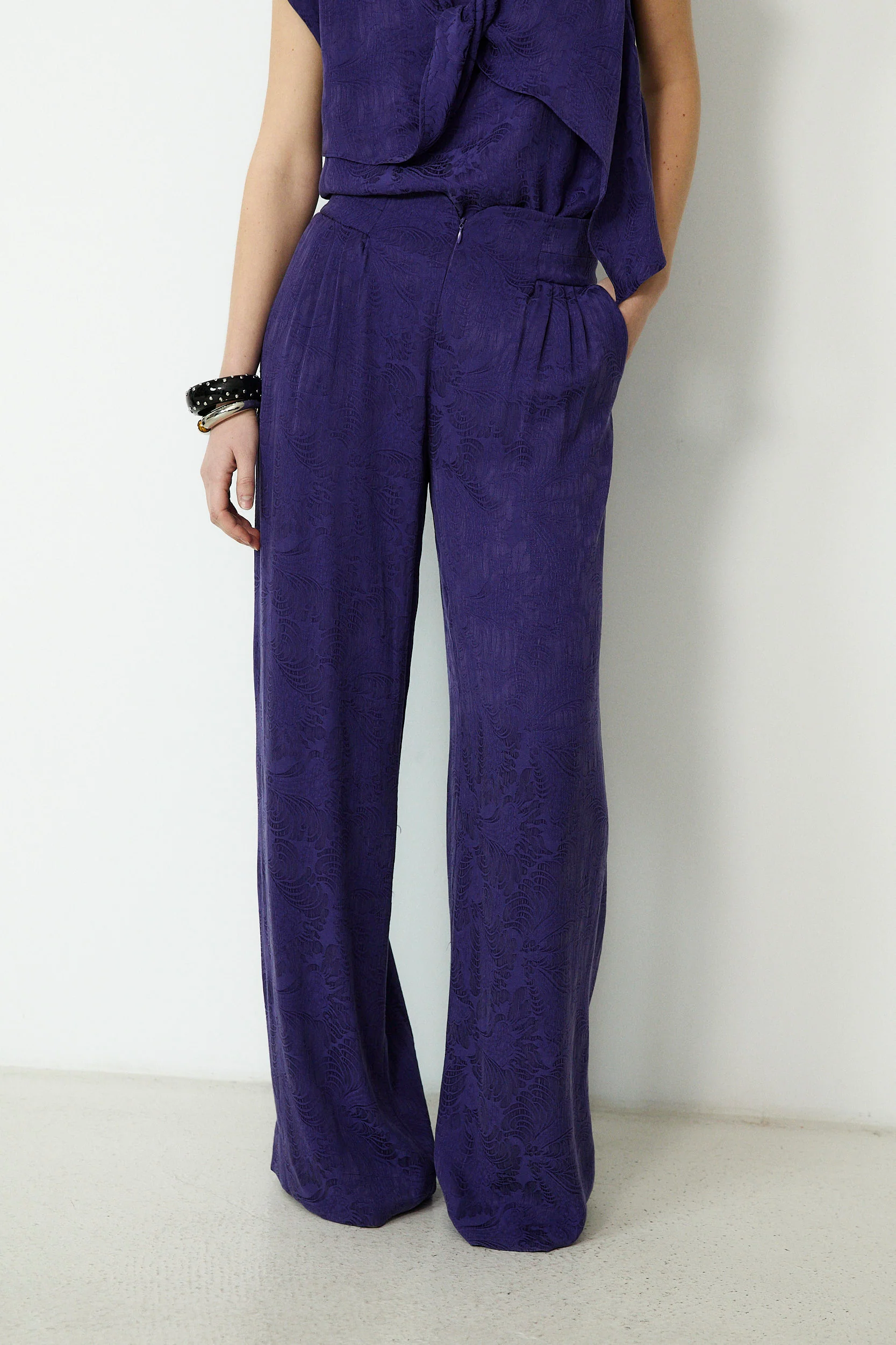 SULTANA | Dark Purple Tonal Jacquard Wide Leg Trousers - Image 3