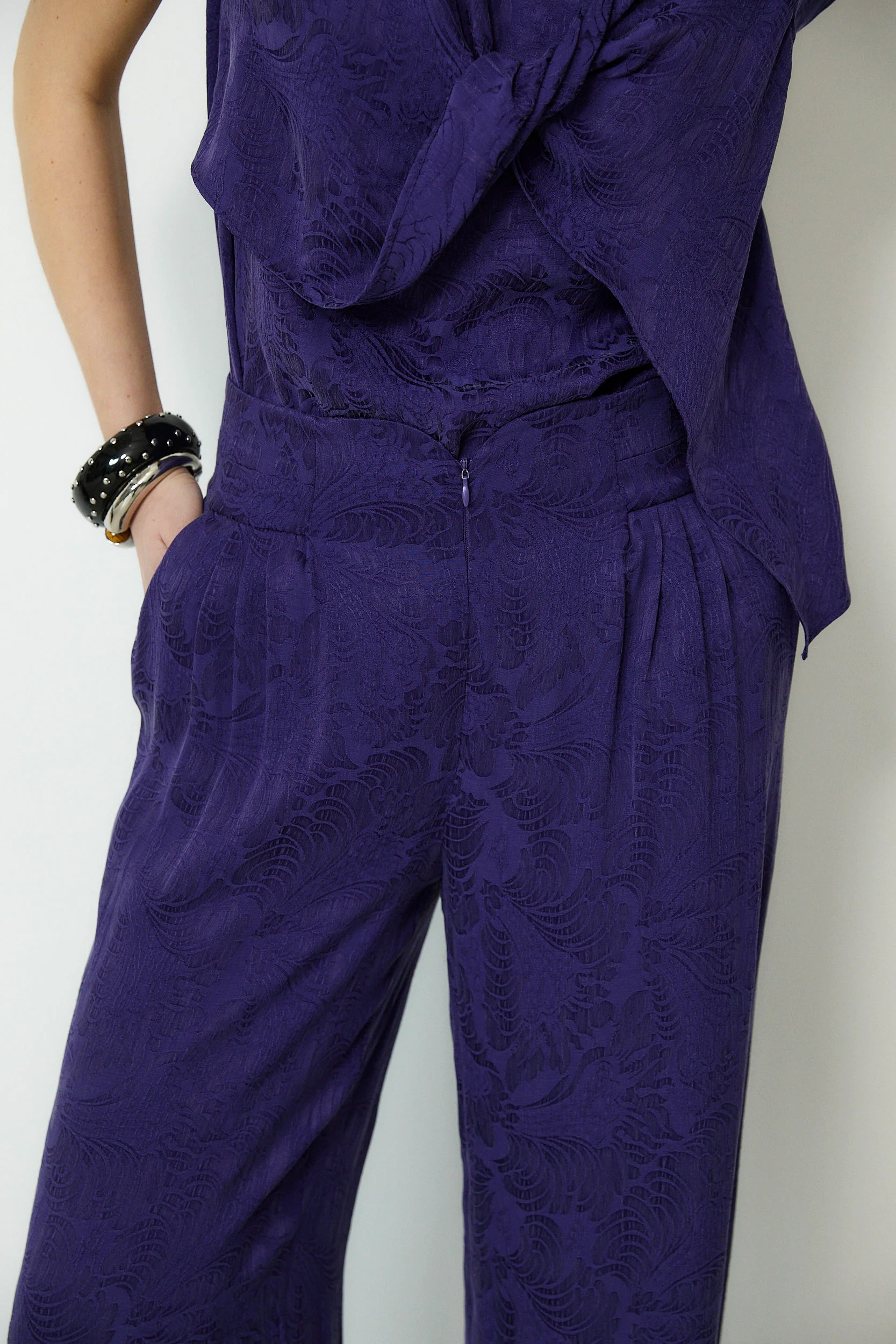 SULTANA | Dark Purple Tonal Jacquard Wide Leg Trousers - Image 4