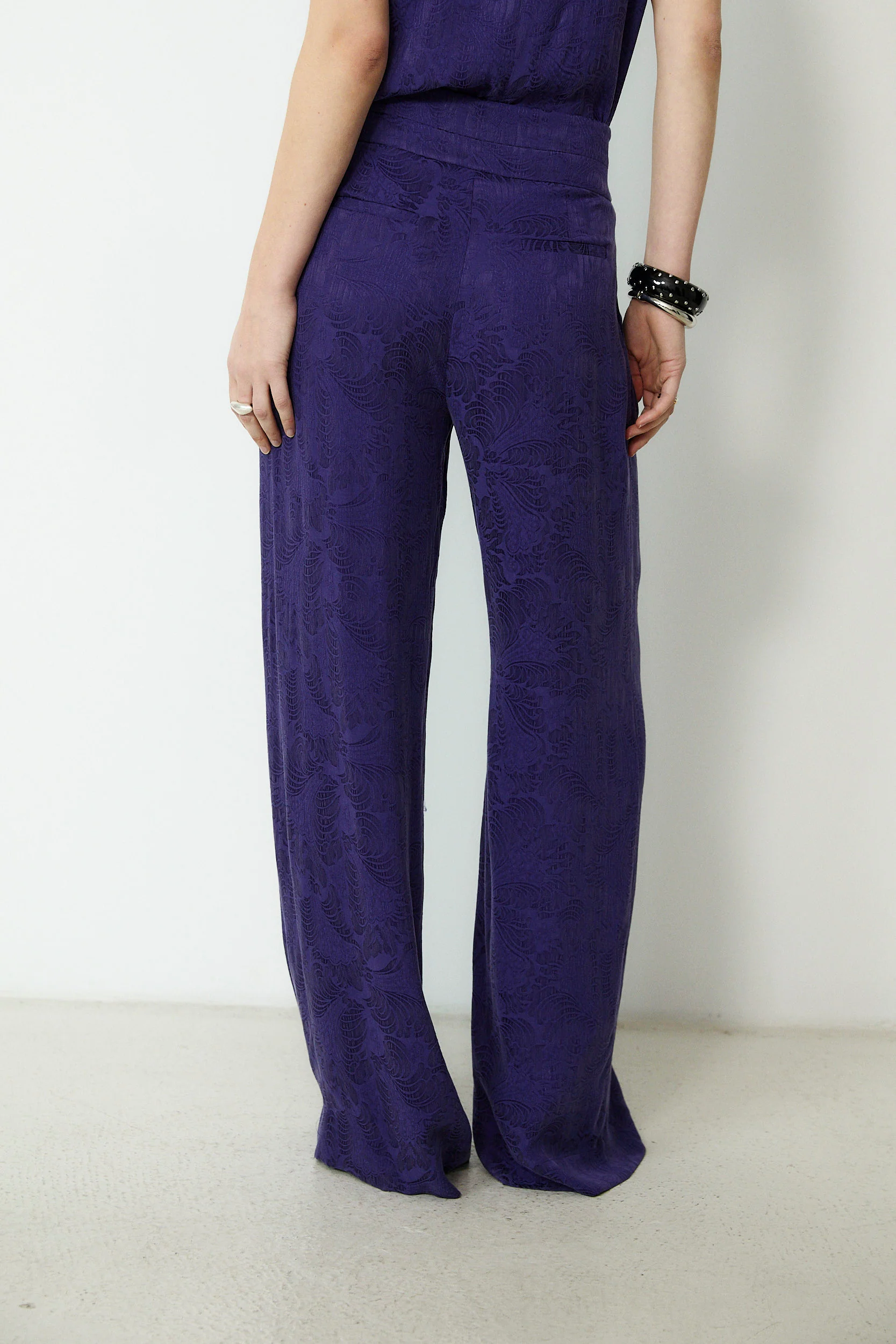 SULTANA | Dark Purple Tonal Jacquard Wide Leg Trousers - Image 6