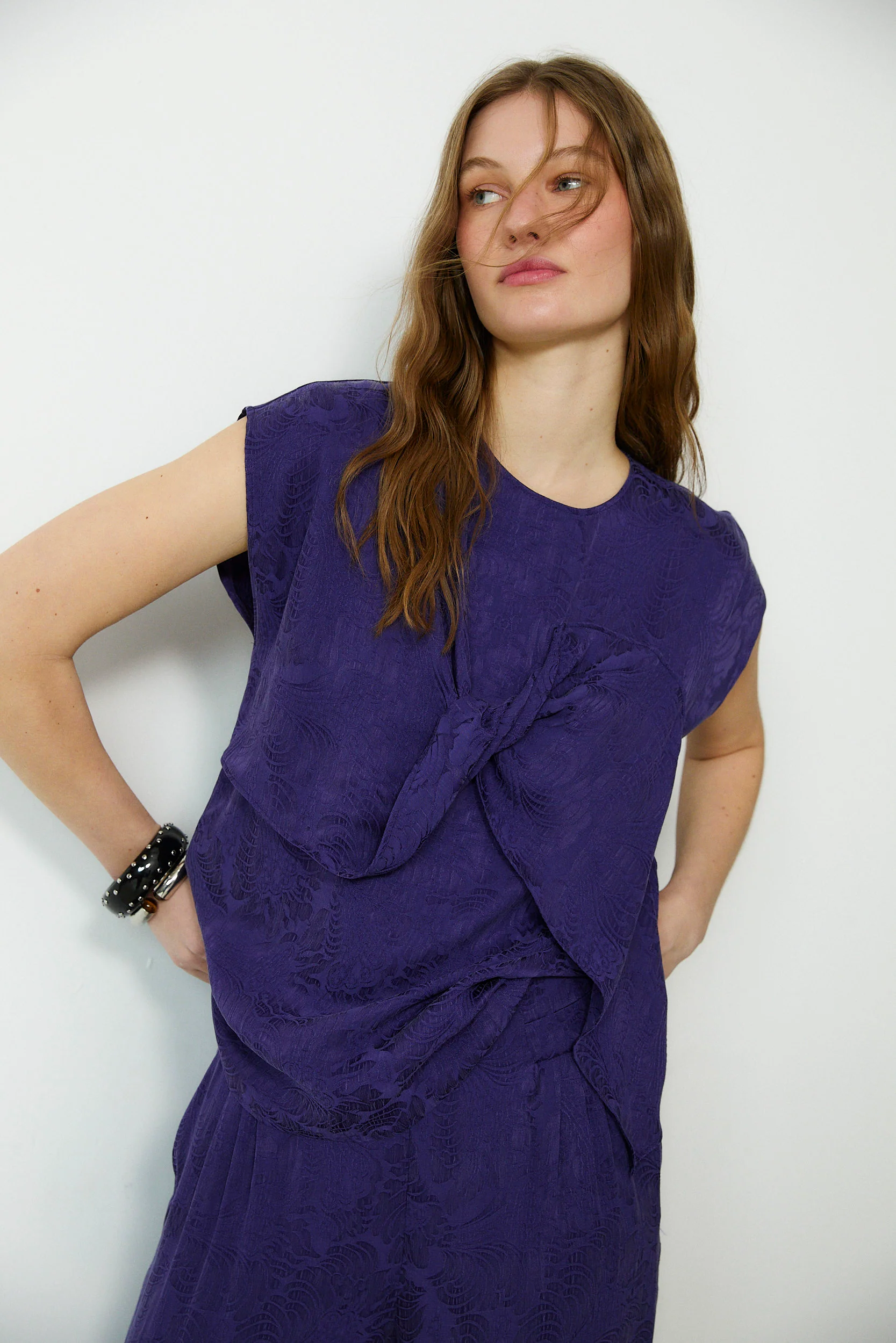SULTANA | Dark Purple Tonal Jacquard Twist Front Top - Image 3