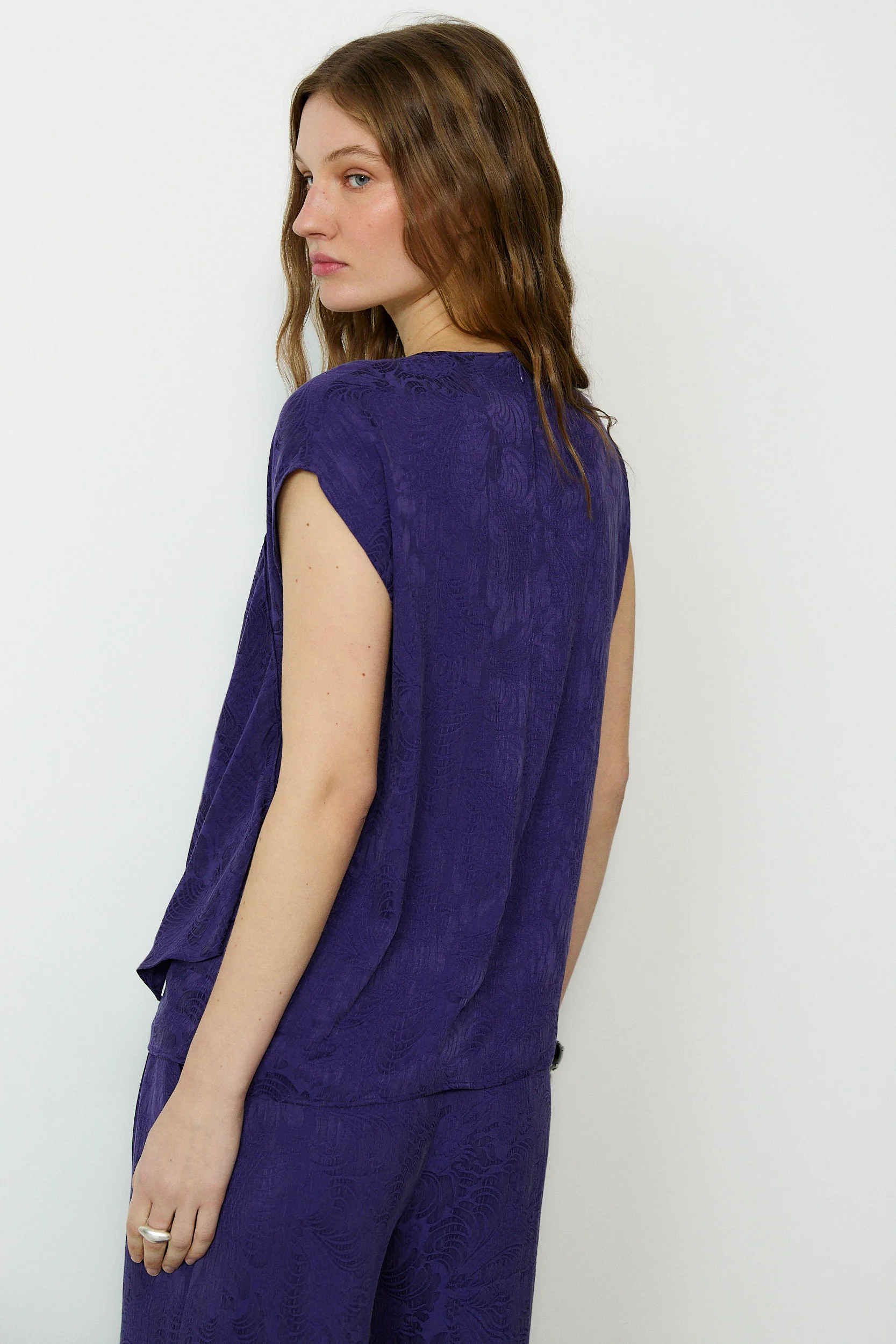 SULTANA | Dark Purple Tonal Jacquard Twist Front Top - Image 4