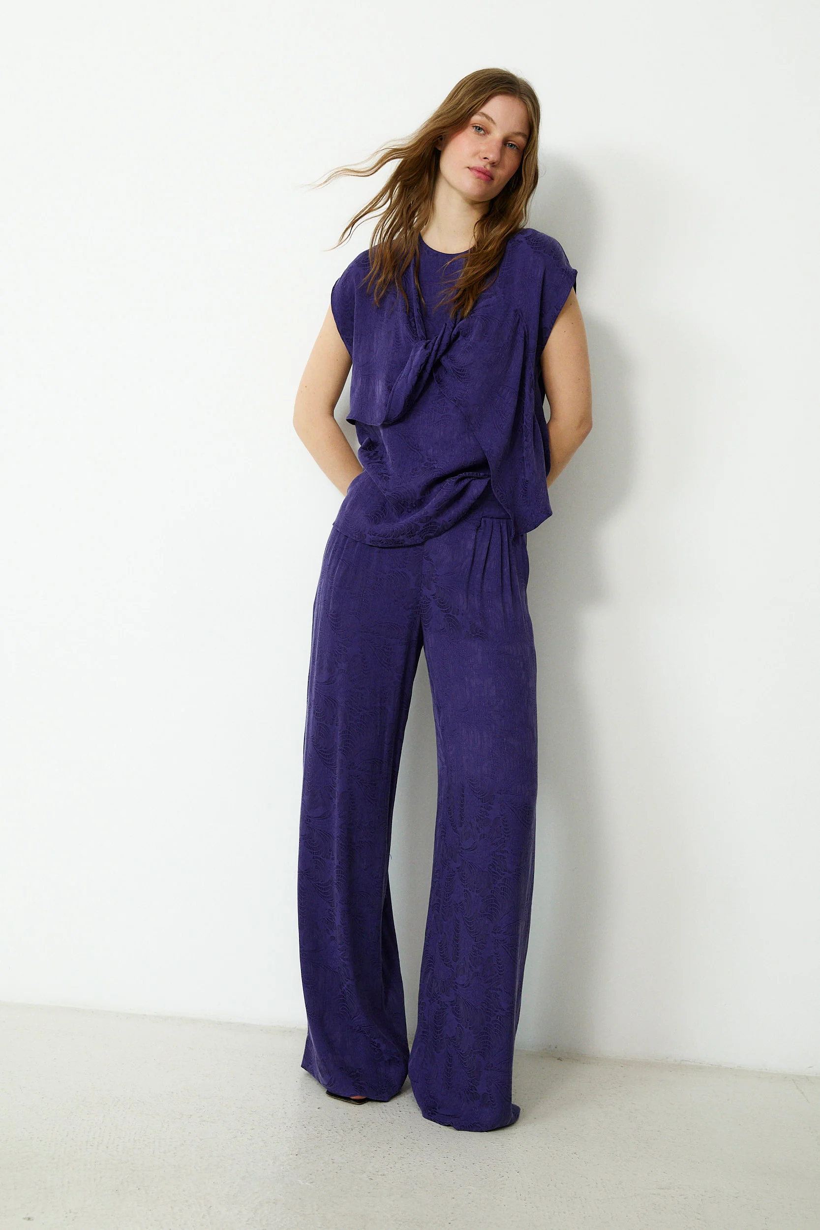 SULTANA | Dark Purple Tonal Jacquard Twist Front Top - Image 5