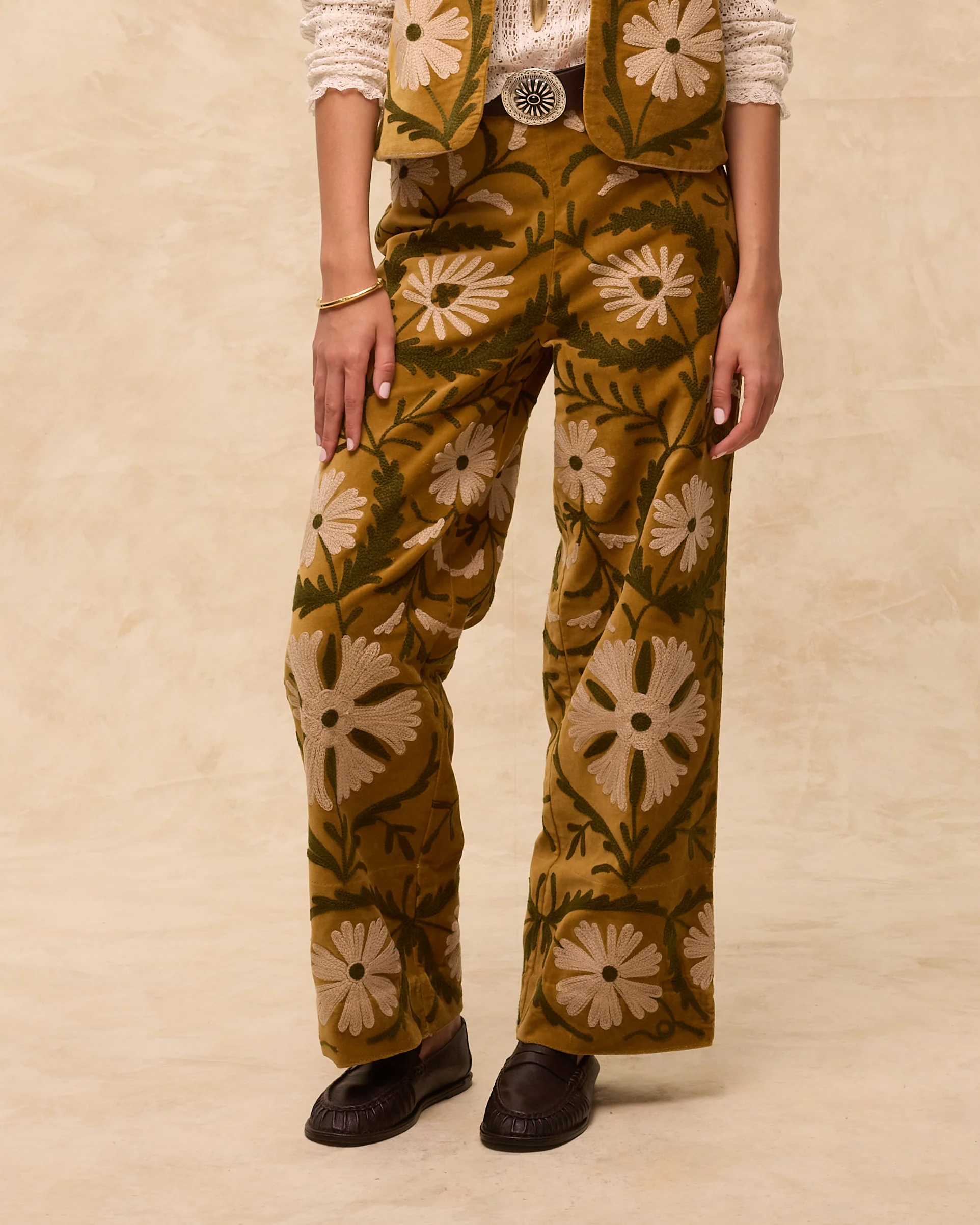 SUZANI | Mustard Floral Embroidered Cotton Trousers - Image 2