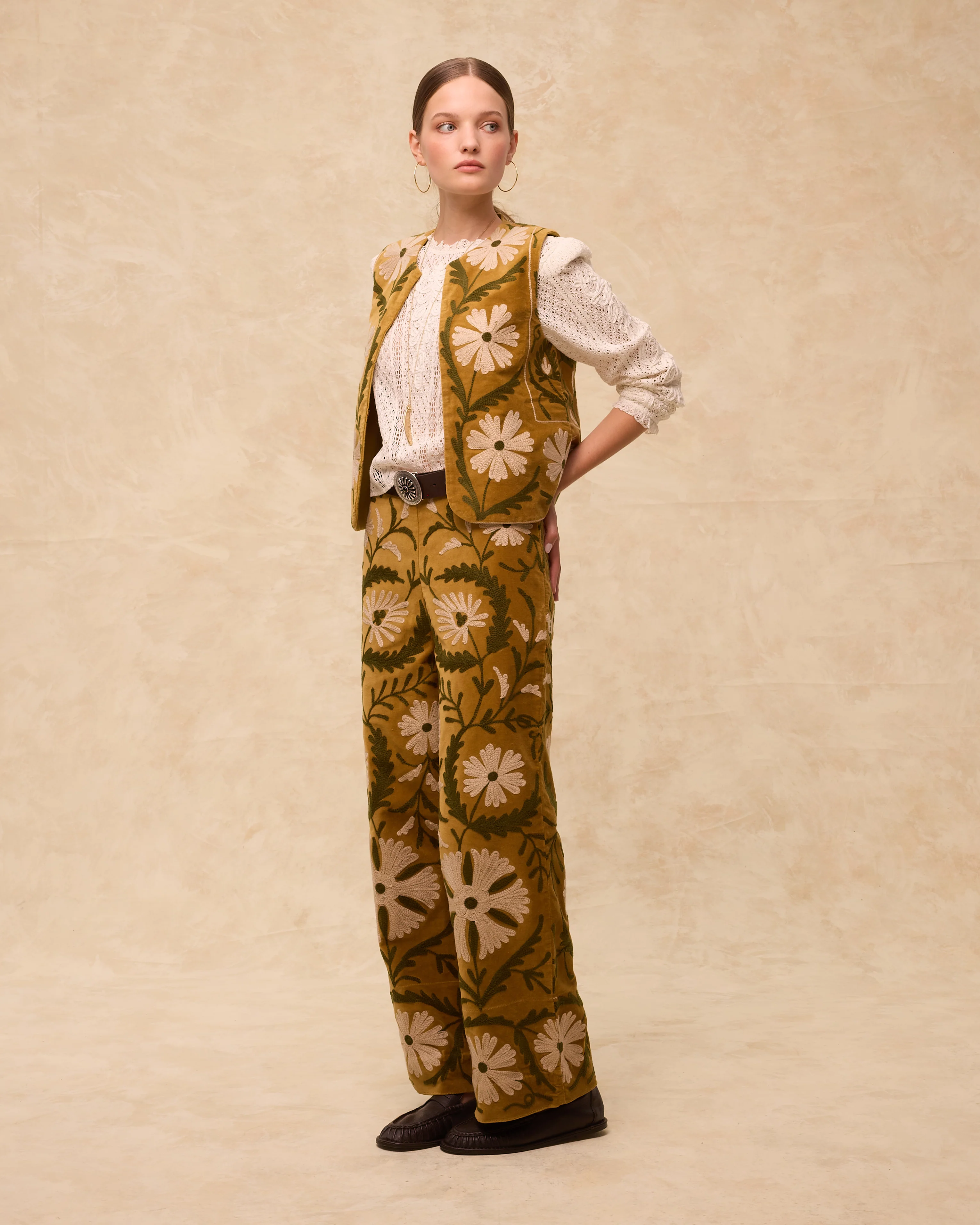 SUZANI | Mustard Floral Embroidered Cotton Trousers - Image 3