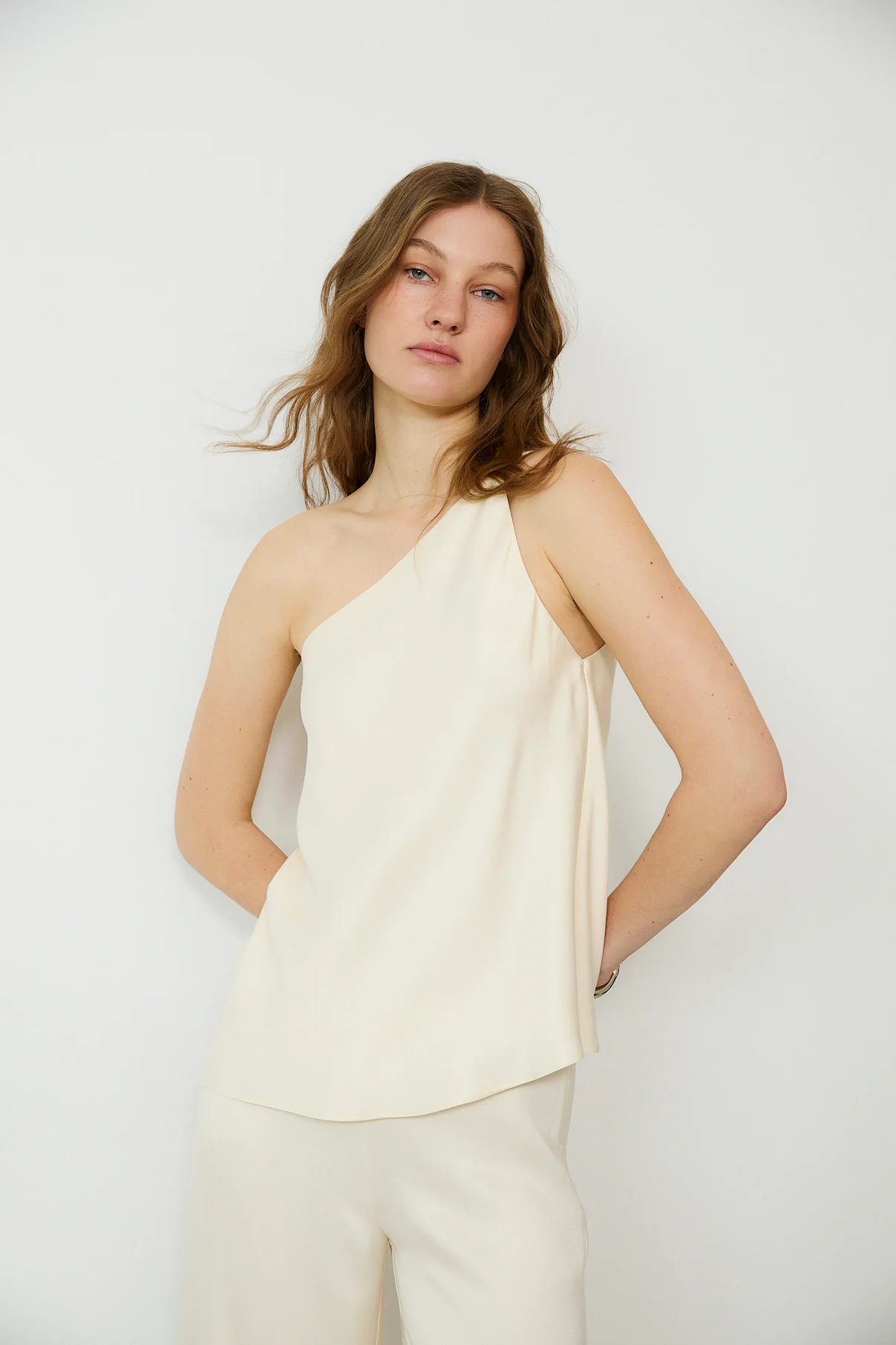 THALIA | Ecru Asymmetric One Shoulder Cupro Top - Image 3