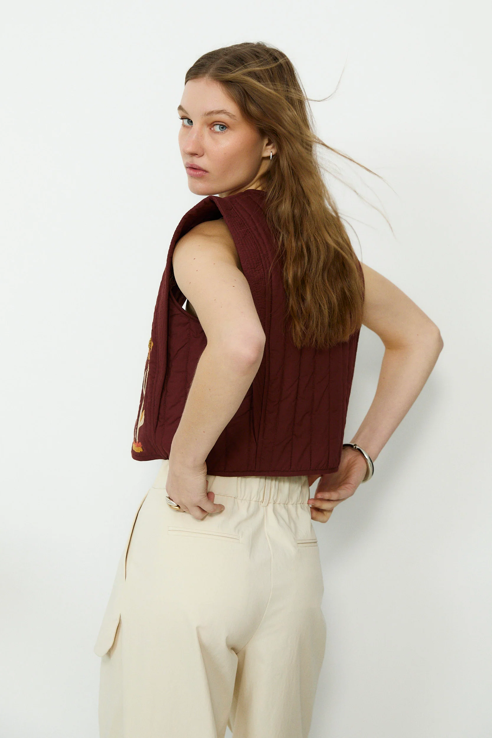 VEGA | Brown Appliqué Quilted Cotton Vest - Image 3