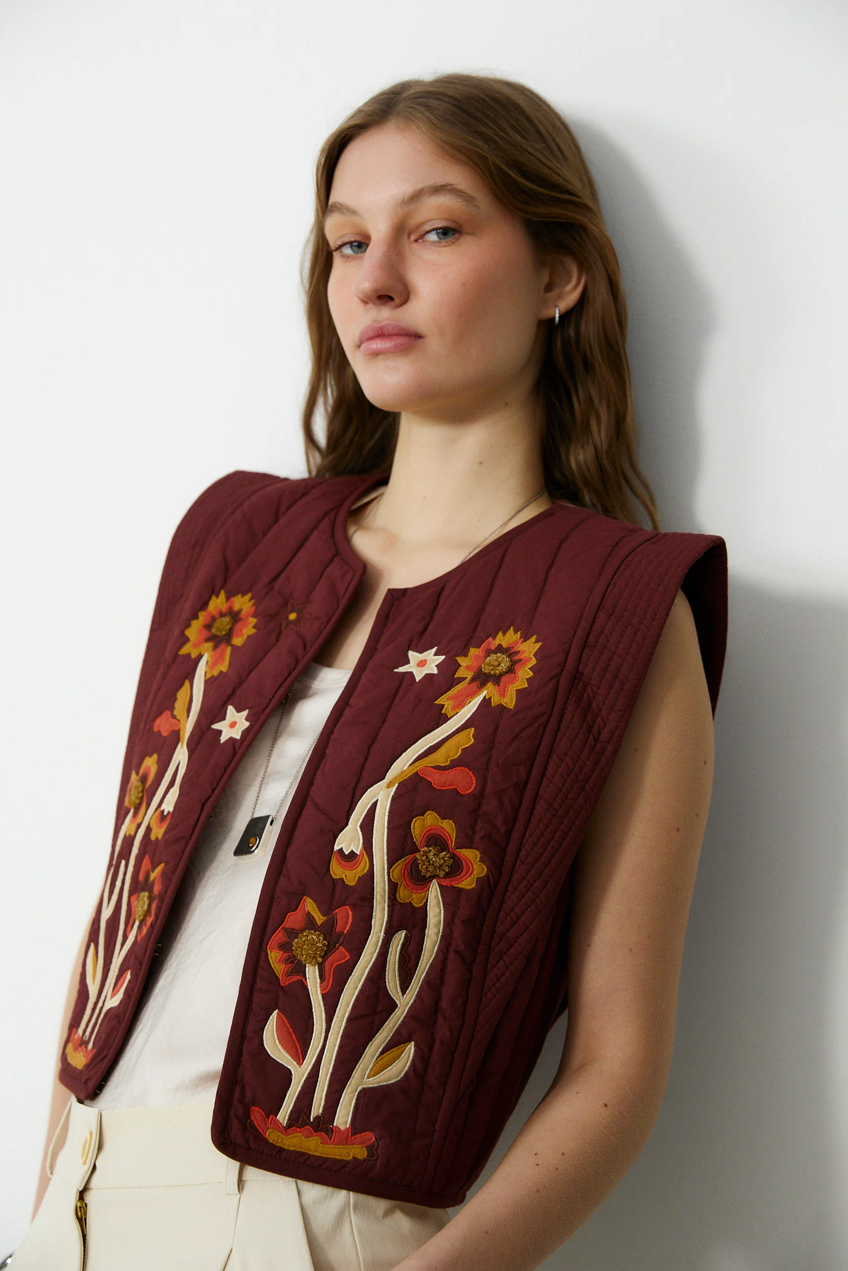 VEGA | Brown Appliqué Quilted Cotton Vest - Image 5