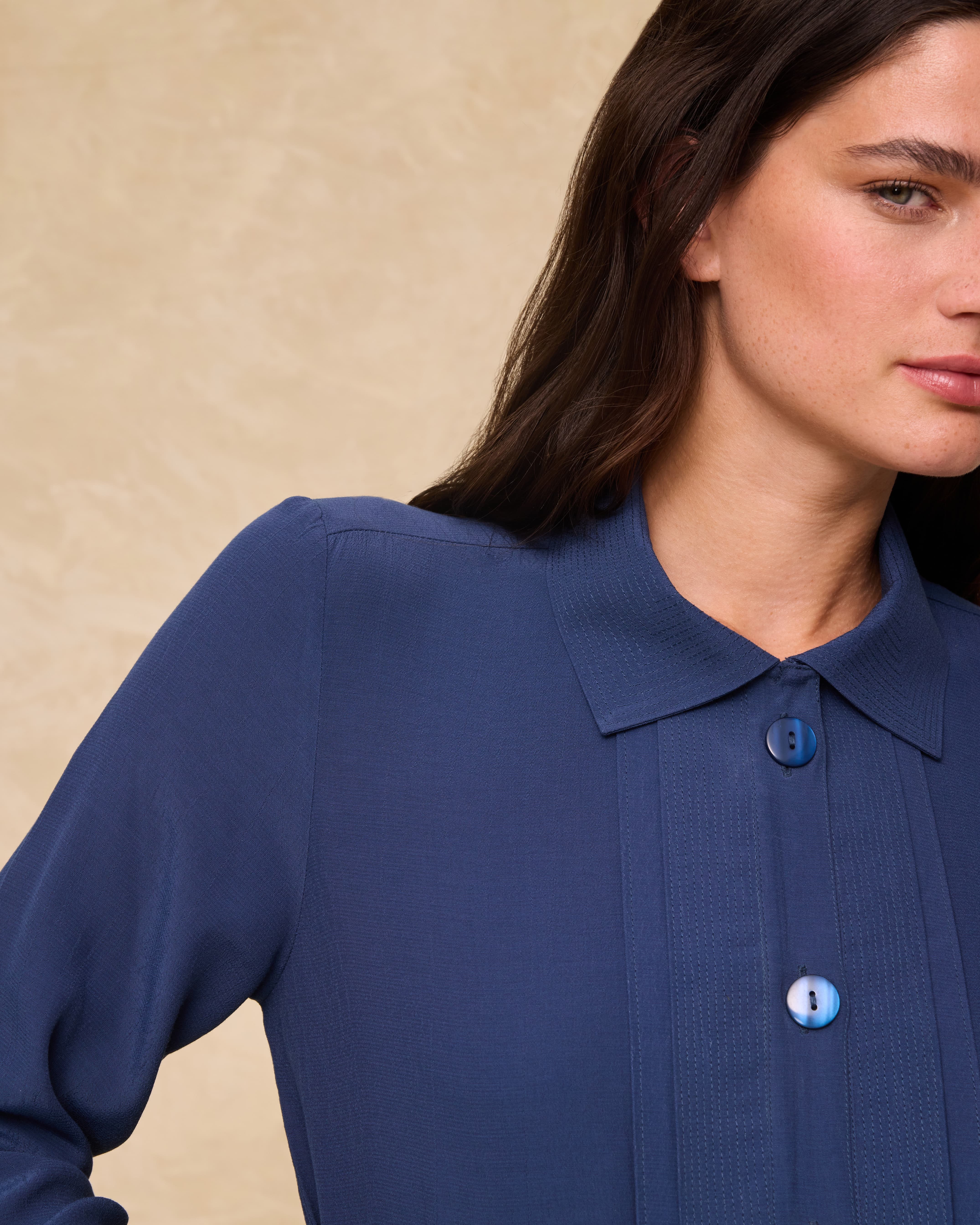 VITTORIA | Navy Tonal Pleated Blouse - Image 2