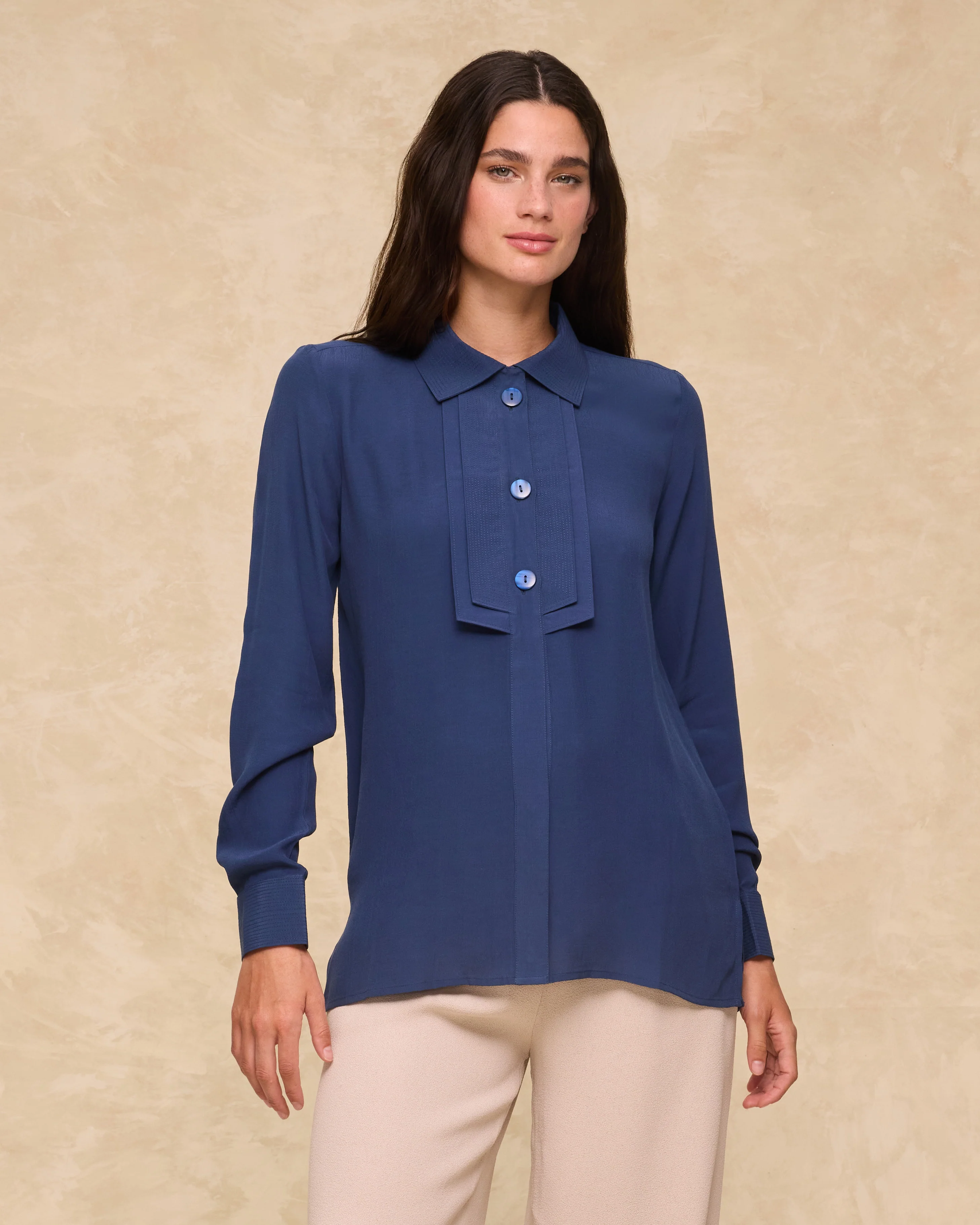 VITTORIA | Navy Tonal Pleated Blouse - Image 3