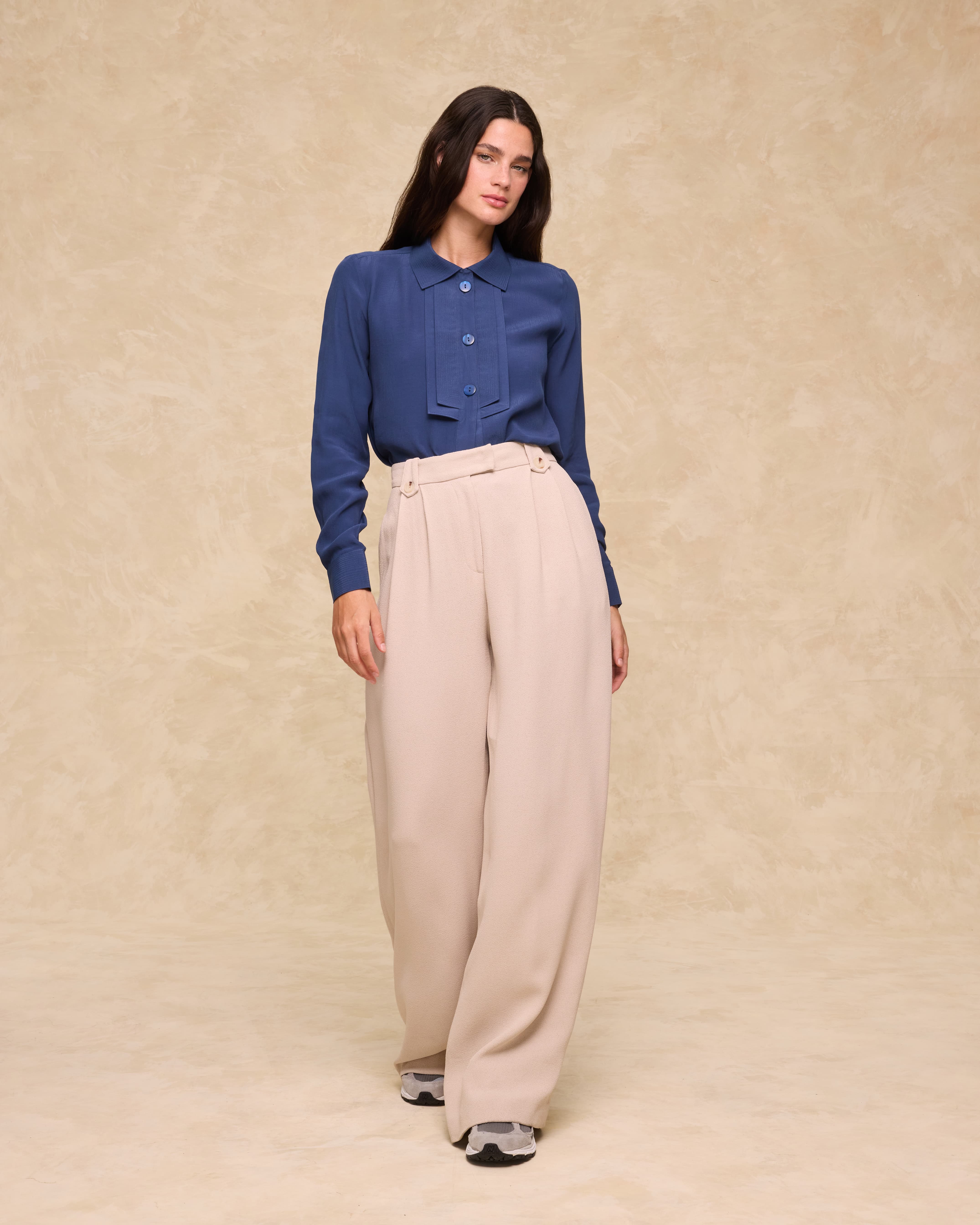 VITTORIA | Navy Tonal Pleated Blouse - Image 4