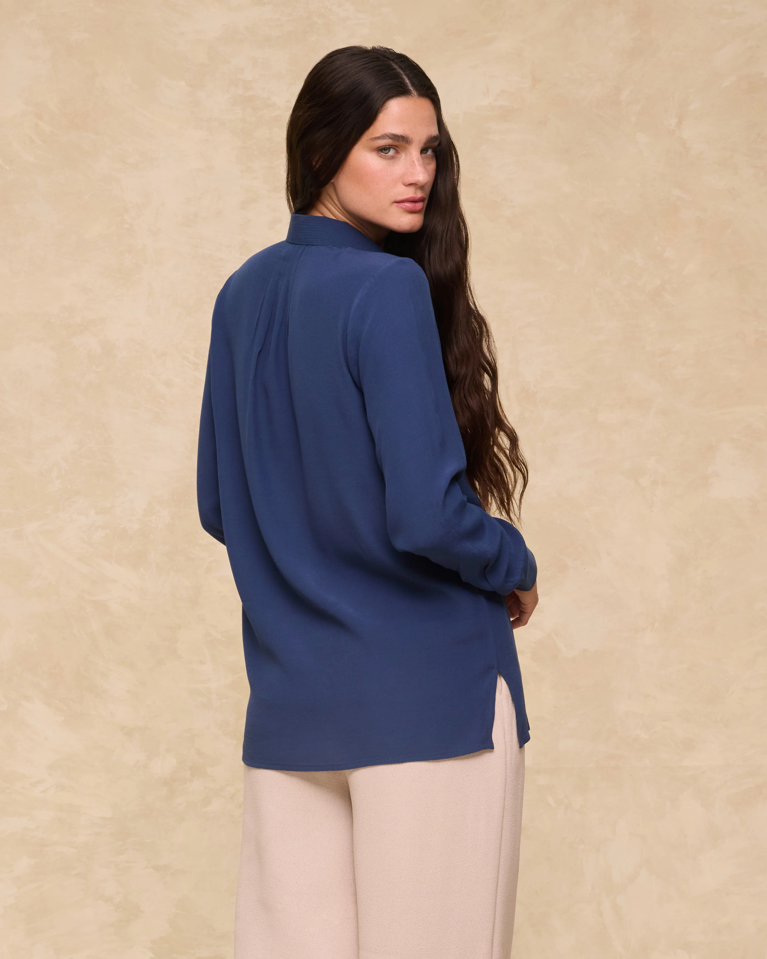 VITTORIA | Navy Tonal Pleated Blouse - Image 5