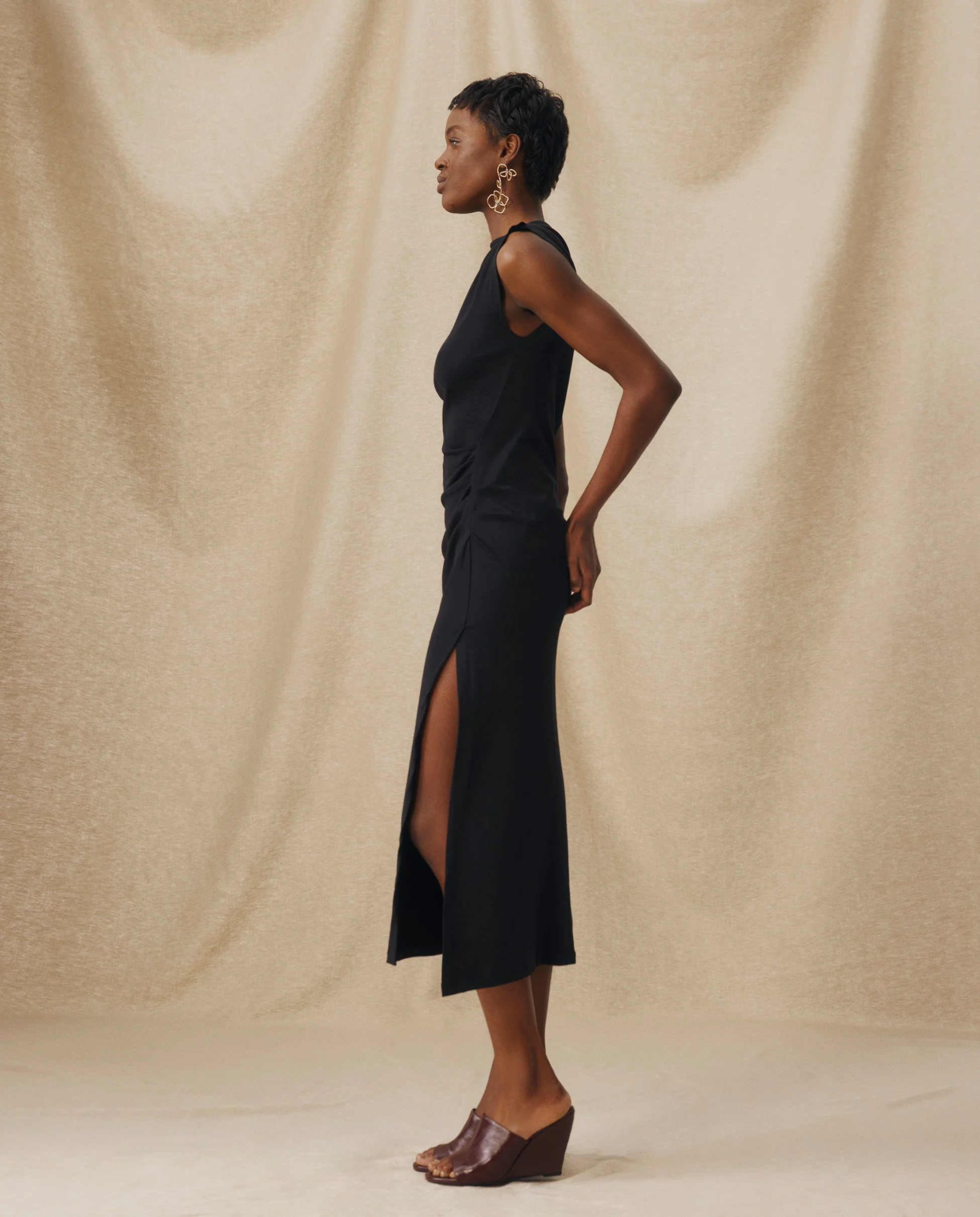 ALLIE | Black Ruched Fitted Cotton Midi Dress - Image 2