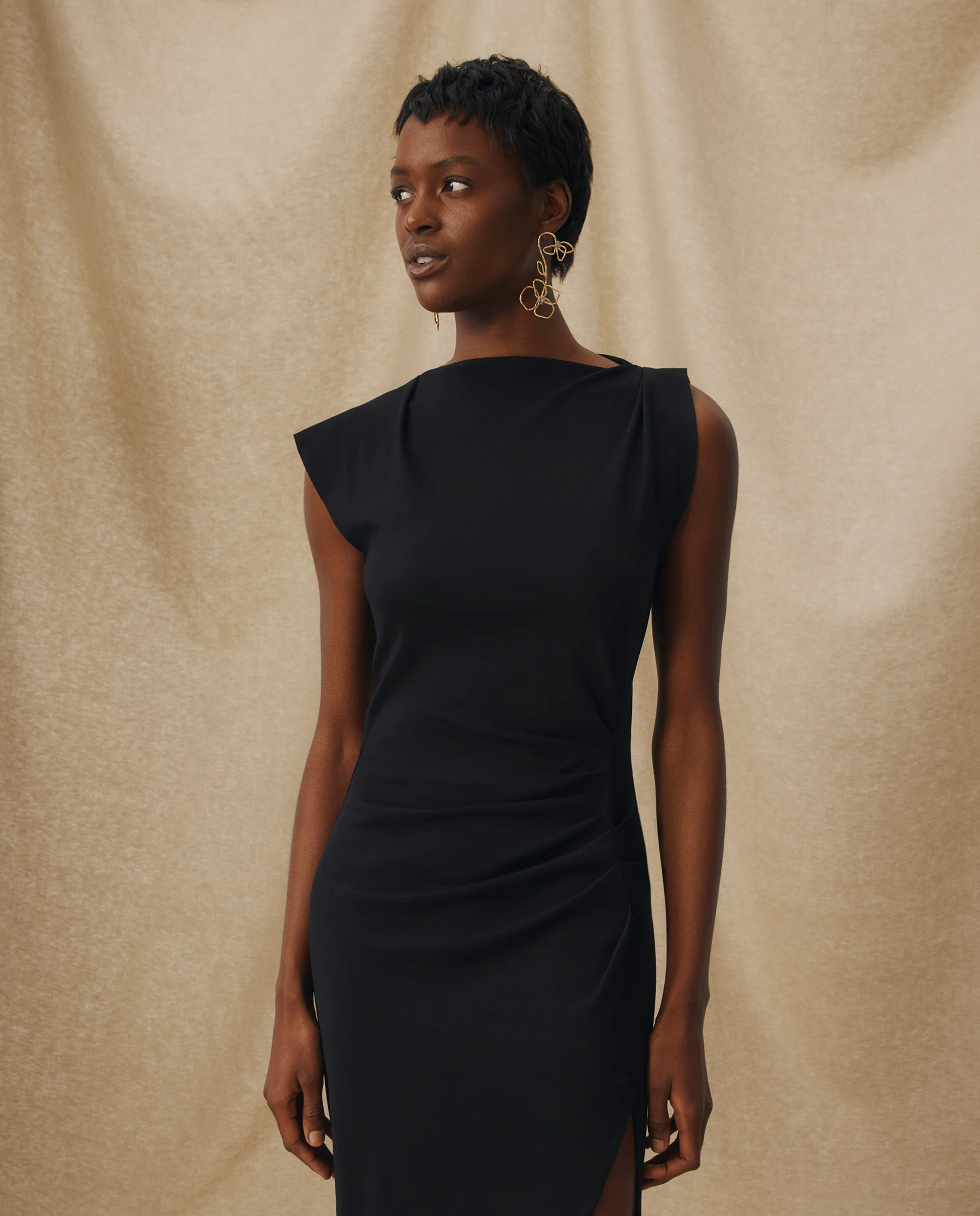 ALLIE | Black Ruched Fitted Cotton Midi Dress - Image 3