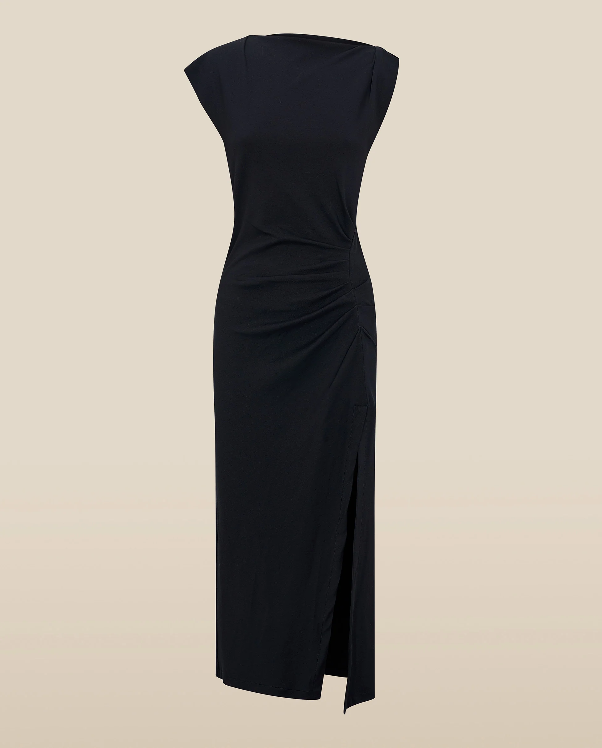 ALLIE | Black Ruched Fitted Cotton Midi Dress - Image 6
