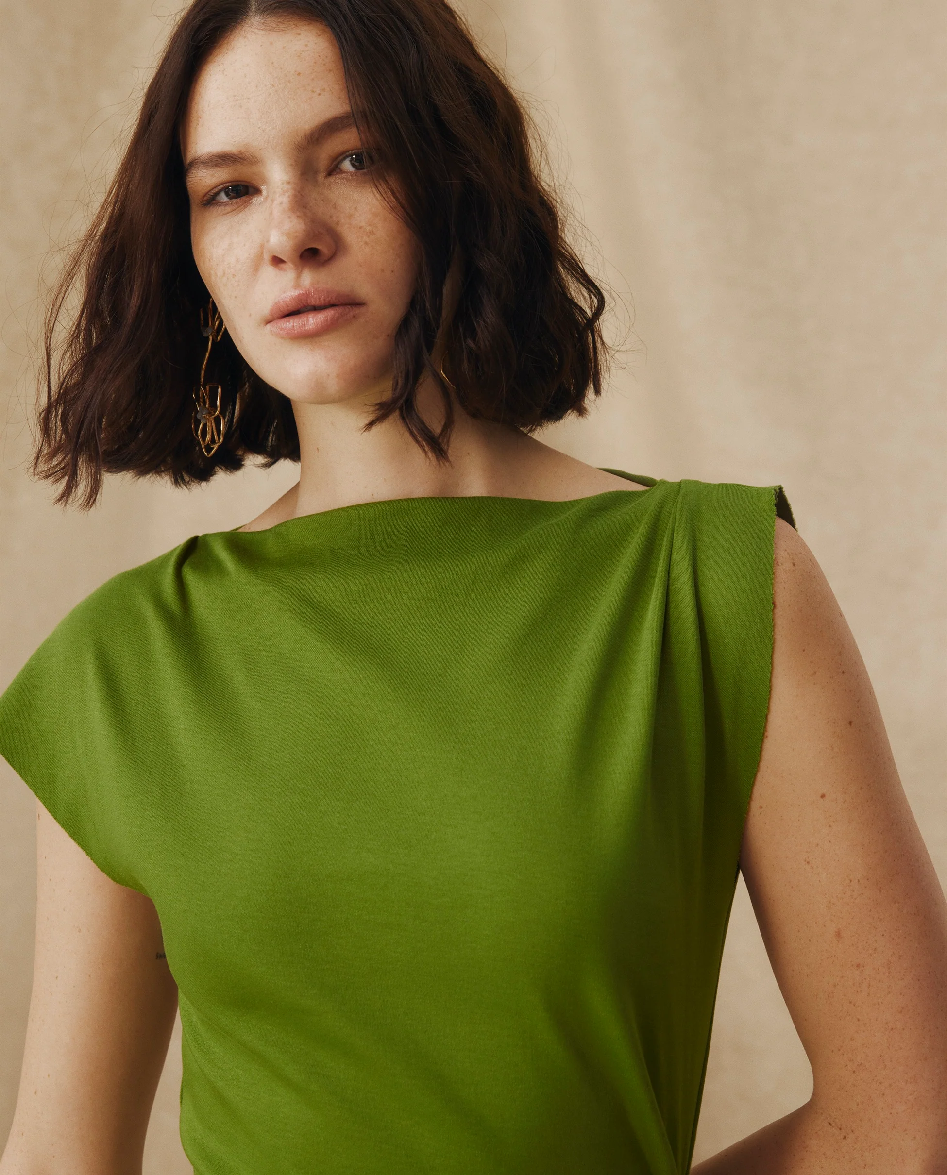 ALLIE | Green Ruched Fitted Cotton Midi Dress - Image 3