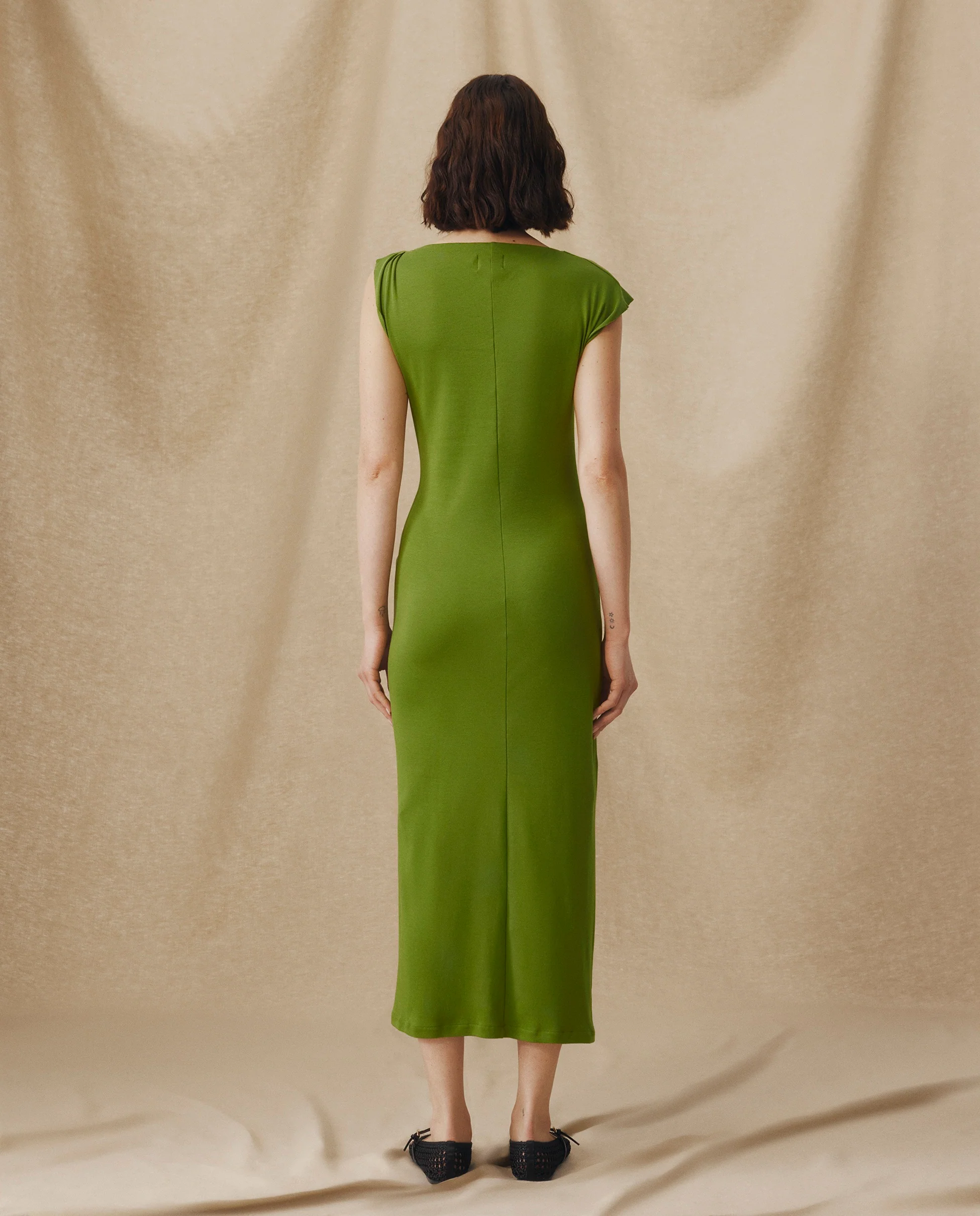ALLIE | Green Ruched Fitted Cotton Midi Dress - Image 4