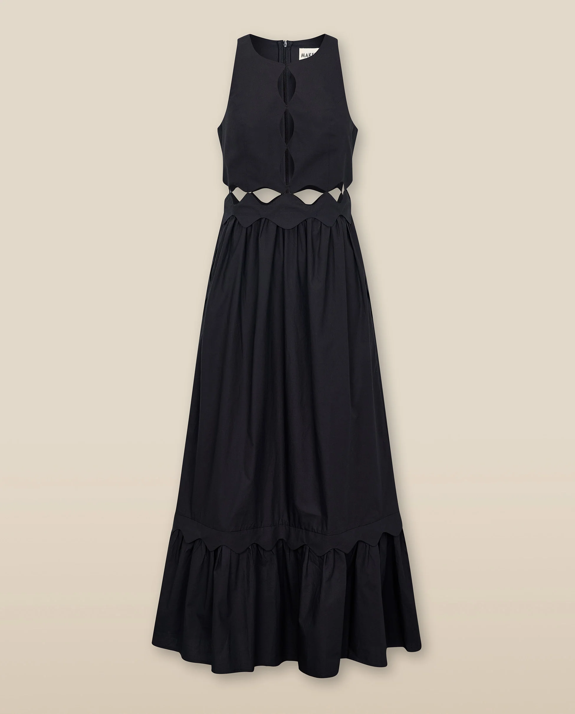 ANUSHA | Black Cut-Out Scallop Cotton Midi Dress - Image 5