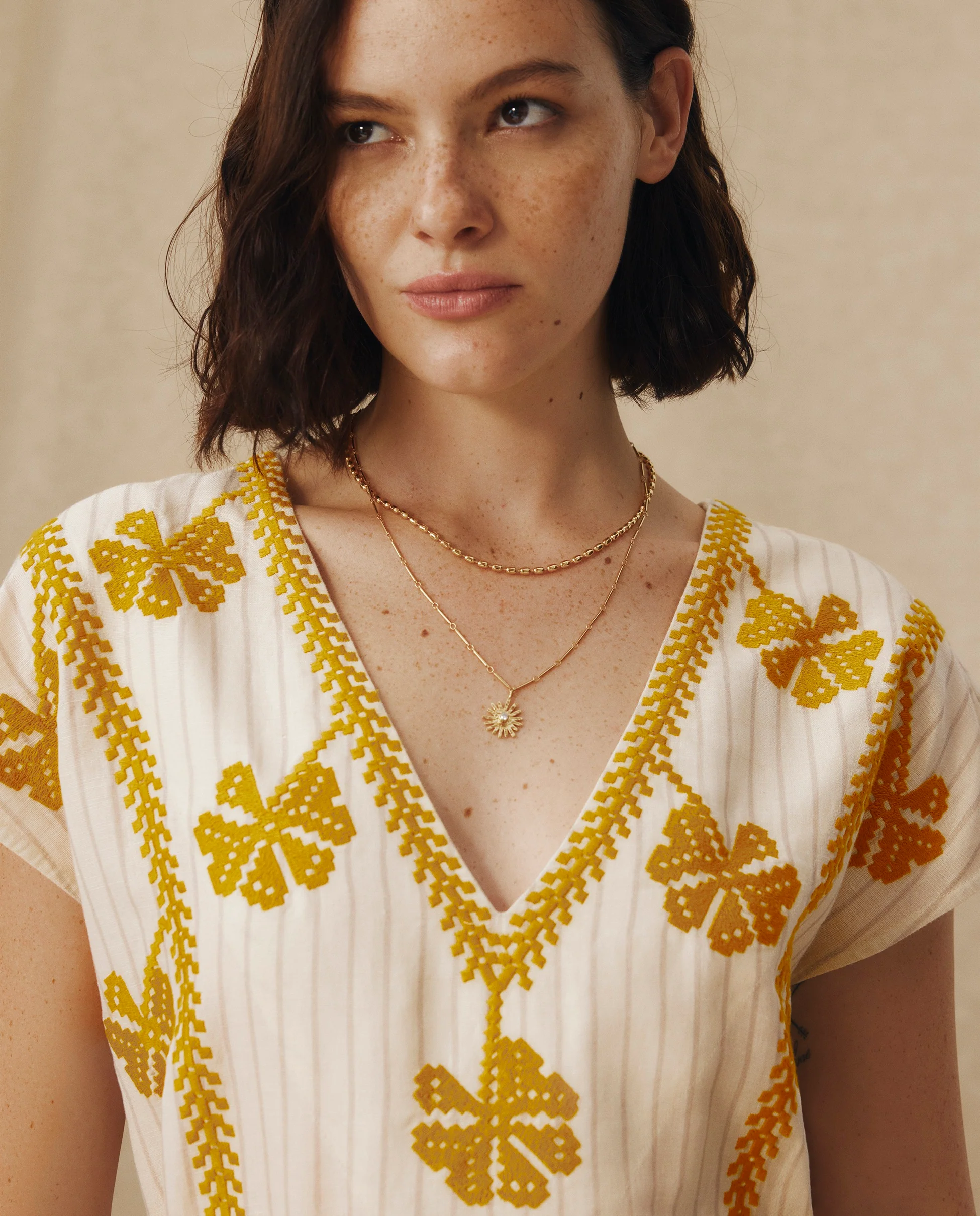 AVANT | Ecru & Ochre Green Embroidered Cotton Linen Tunic - Image 4