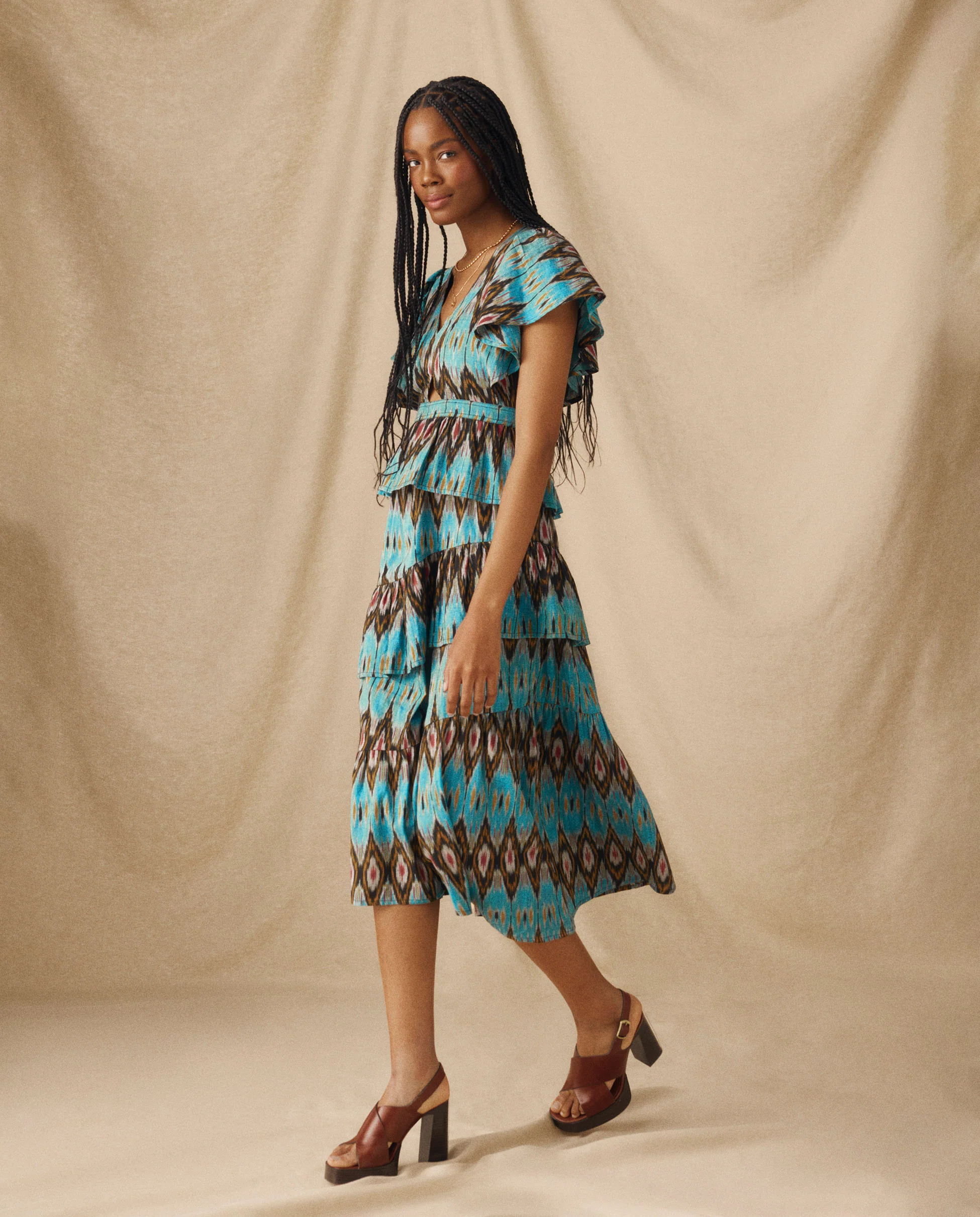 BERNAT | Turquoise Multi Layered Ikat Cotton Midi Dress - Image 2