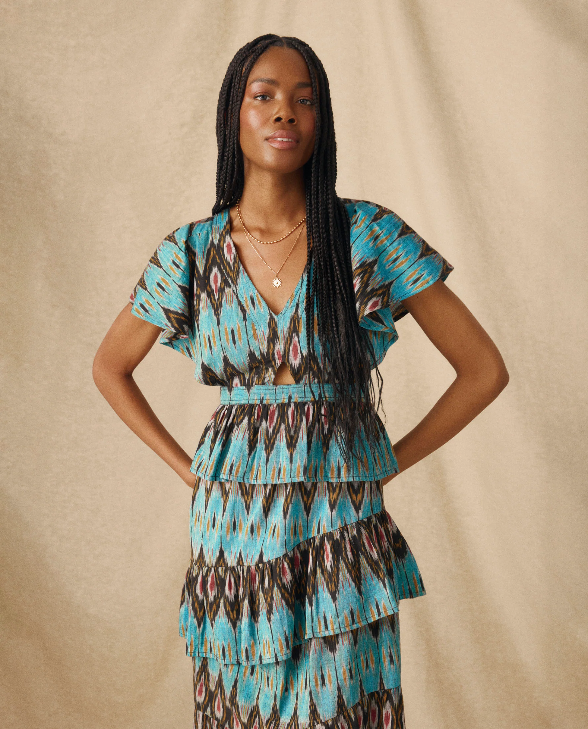 BERNAT | Turquoise Multi Layered Ikat Cotton Midi Dress - Image 3