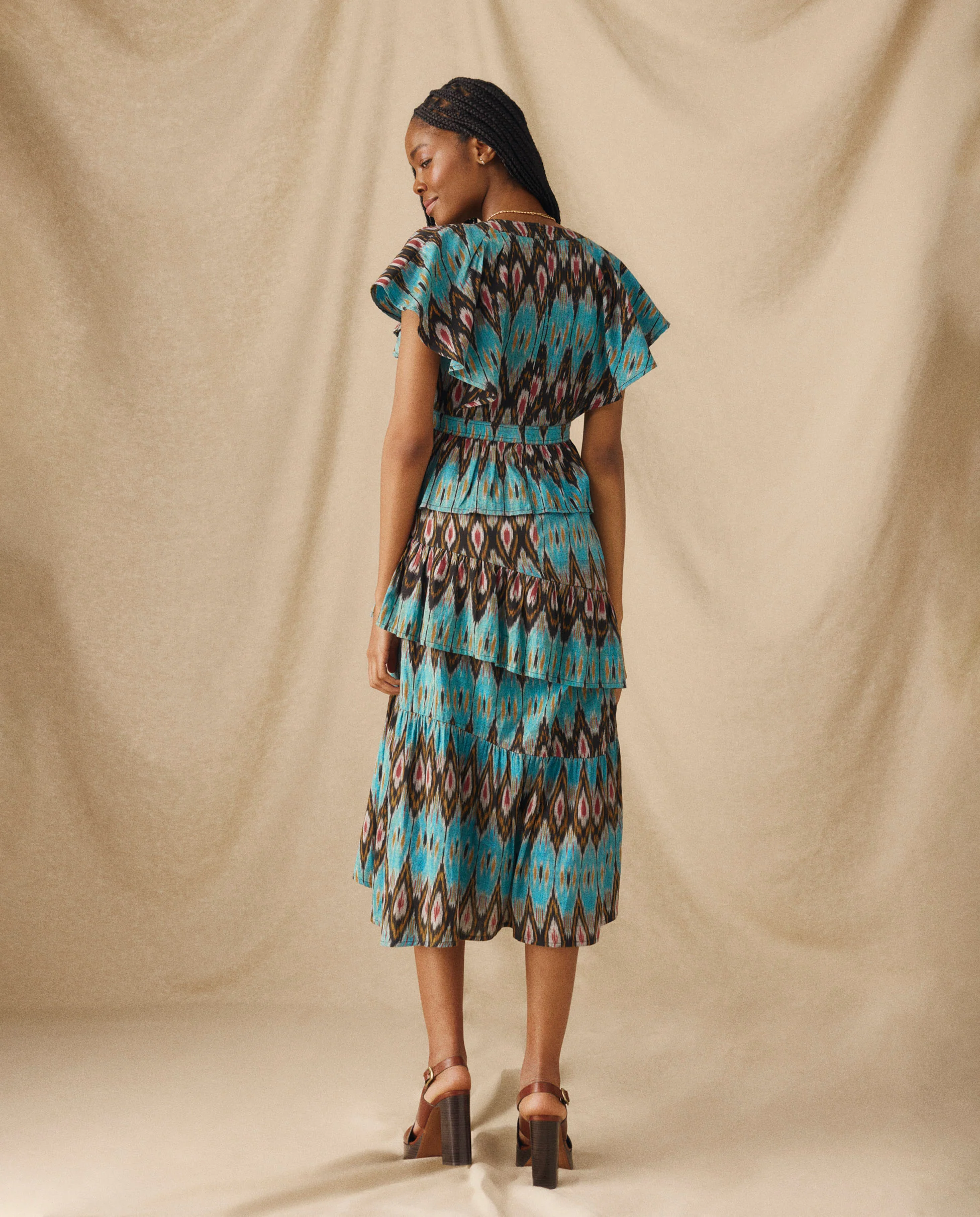 BERNAT | Turquoise Multi Layered Ikat Cotton Midi Dress - Image 4