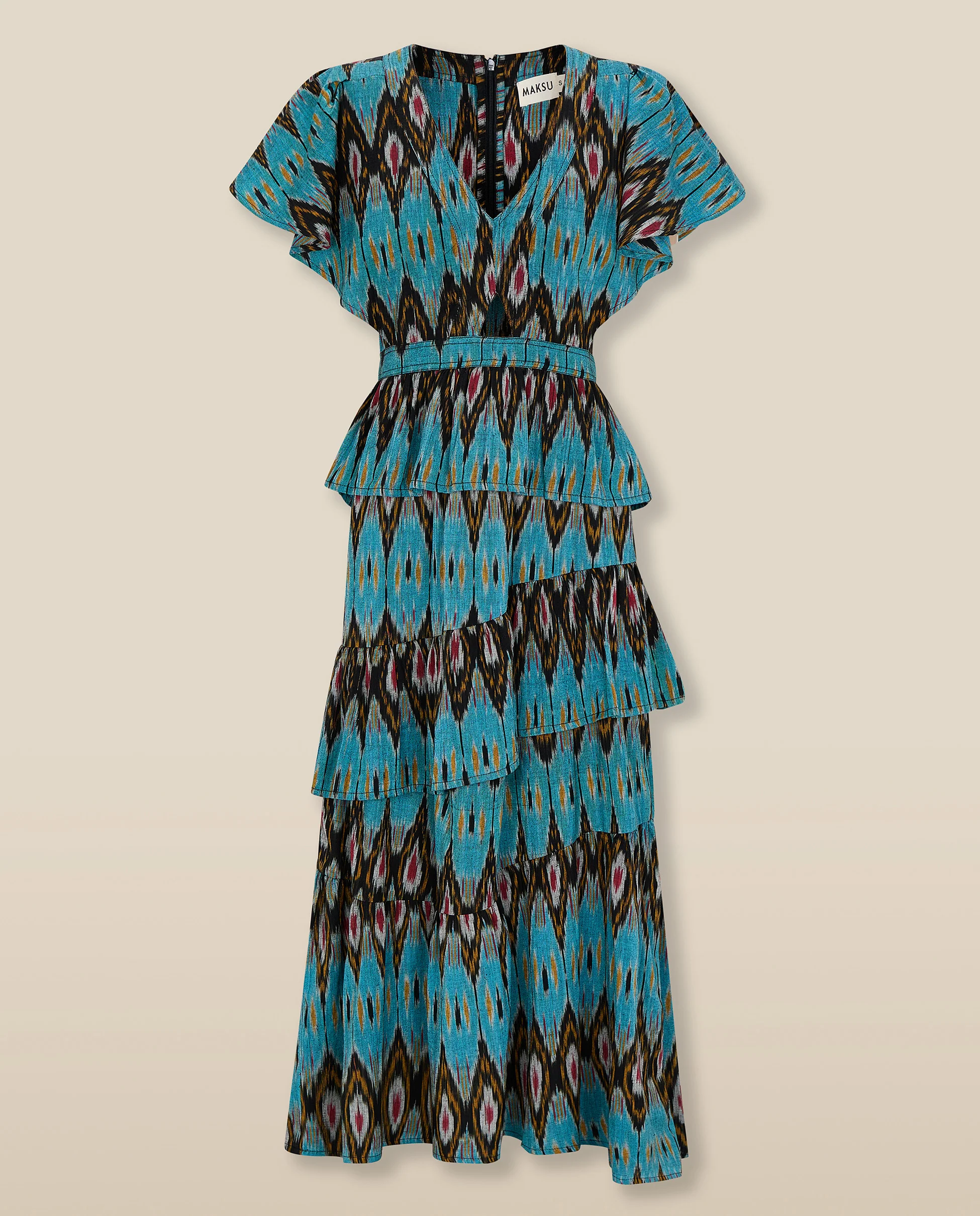 BERNAT | Turquoise Multi Layered Ikat Cotton Midi Dress - Image 5