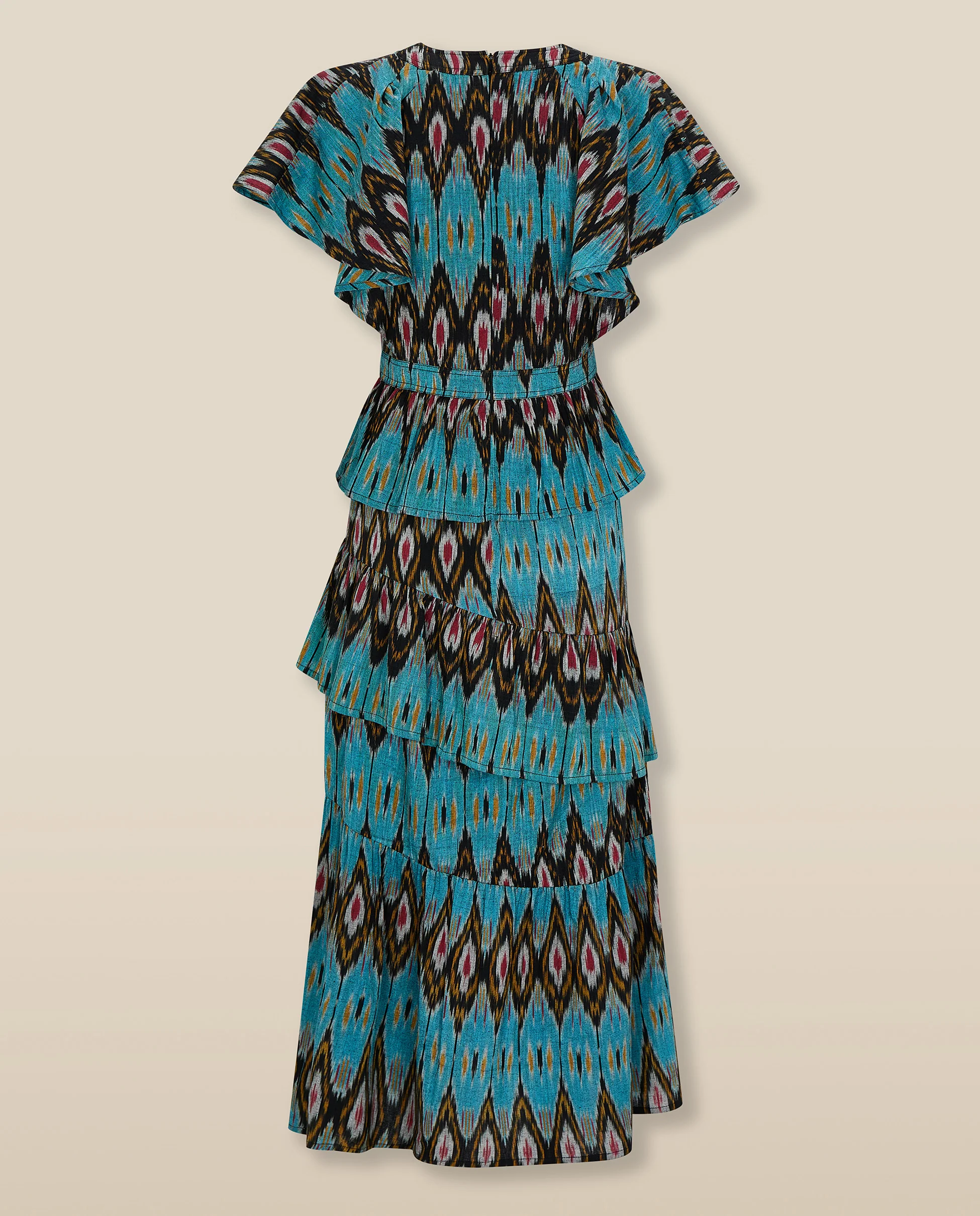 BERNAT | Turquoise Multi Layered Ikat Cotton Midi Dress - Image 6