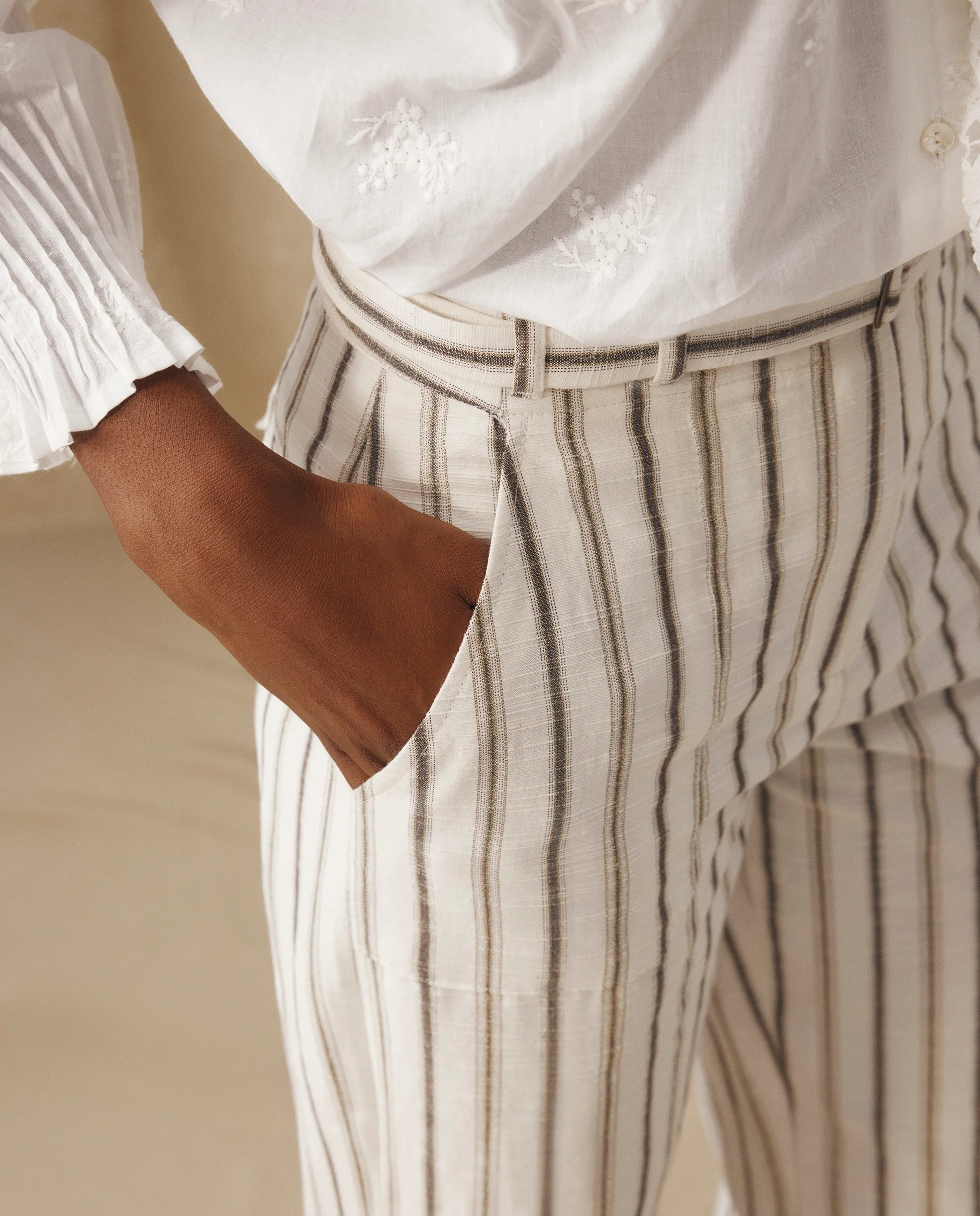 BROOKE | Ecru Subtle Stripe Straight Leg Cotton Linen Trousers - Image 2