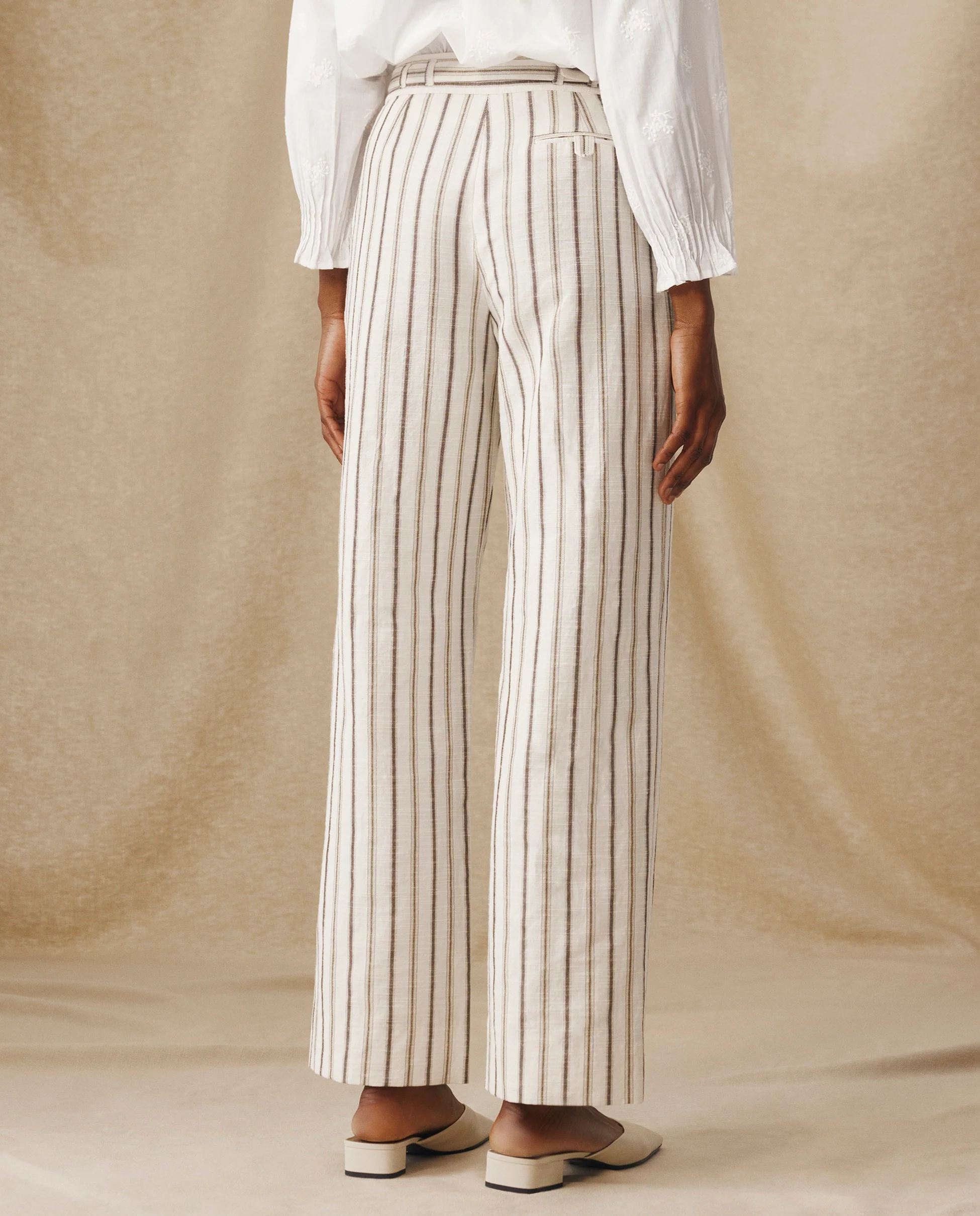 BROOKE | Ecru Subtle Stripe Straight Leg Cotton Linen Trousers - Image 3