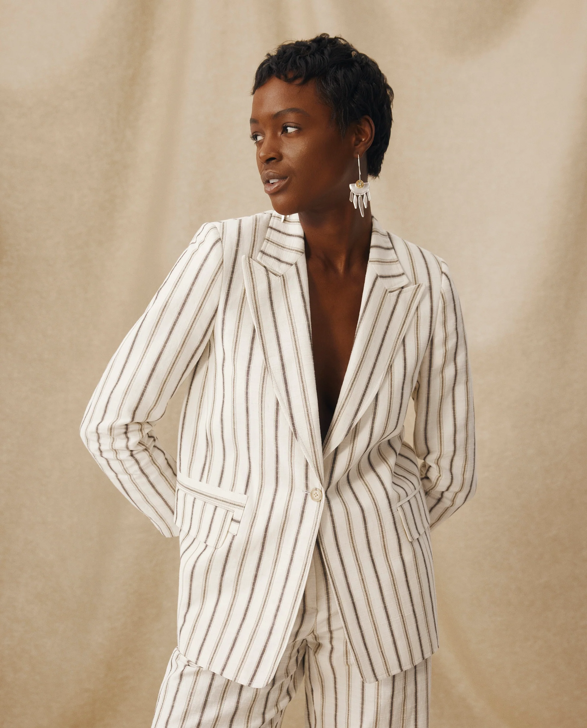 BROOKE | Ecru Subtle Stripe Structured Cotton Linen Blazer - Image 2