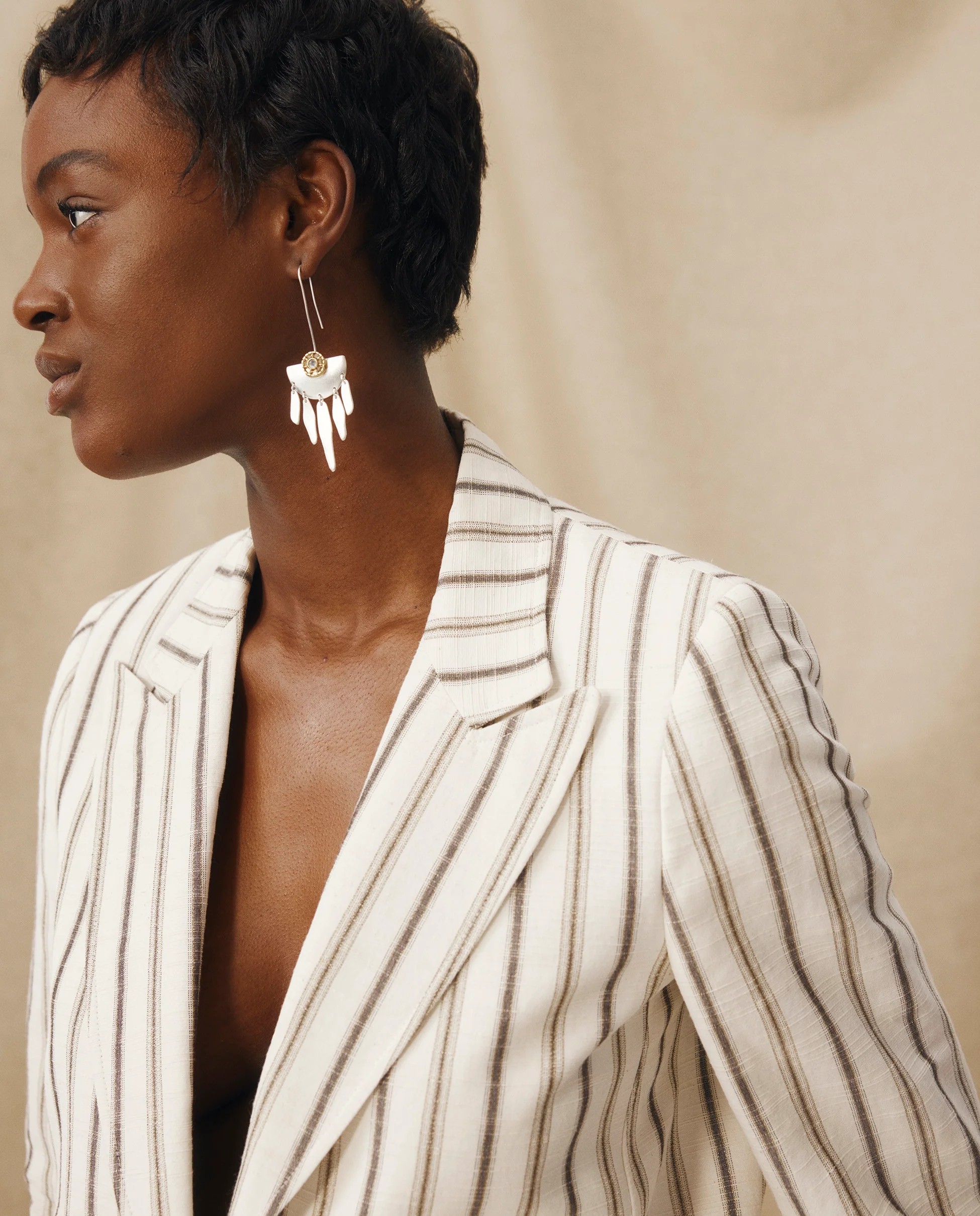 BROOKE | Ecru Subtle Stripe Structured Cotton Linen Blazer - Image 3