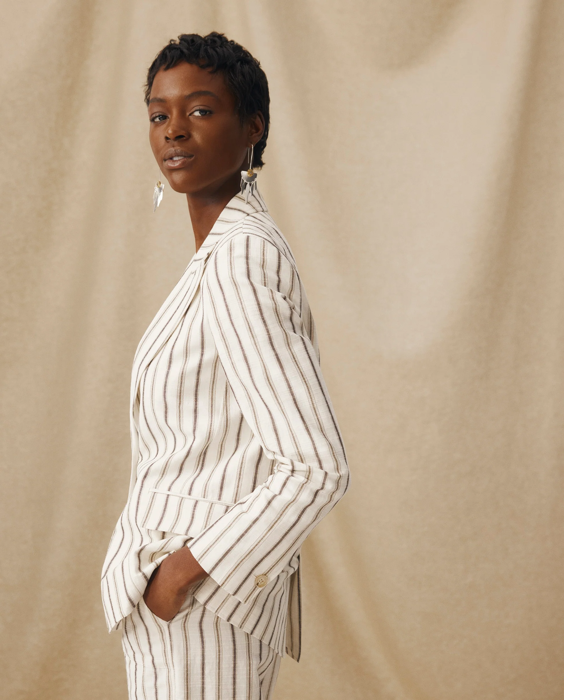 BROOKE | Ecru Subtle Stripe Structured Cotton Linen Blazer - Image 4