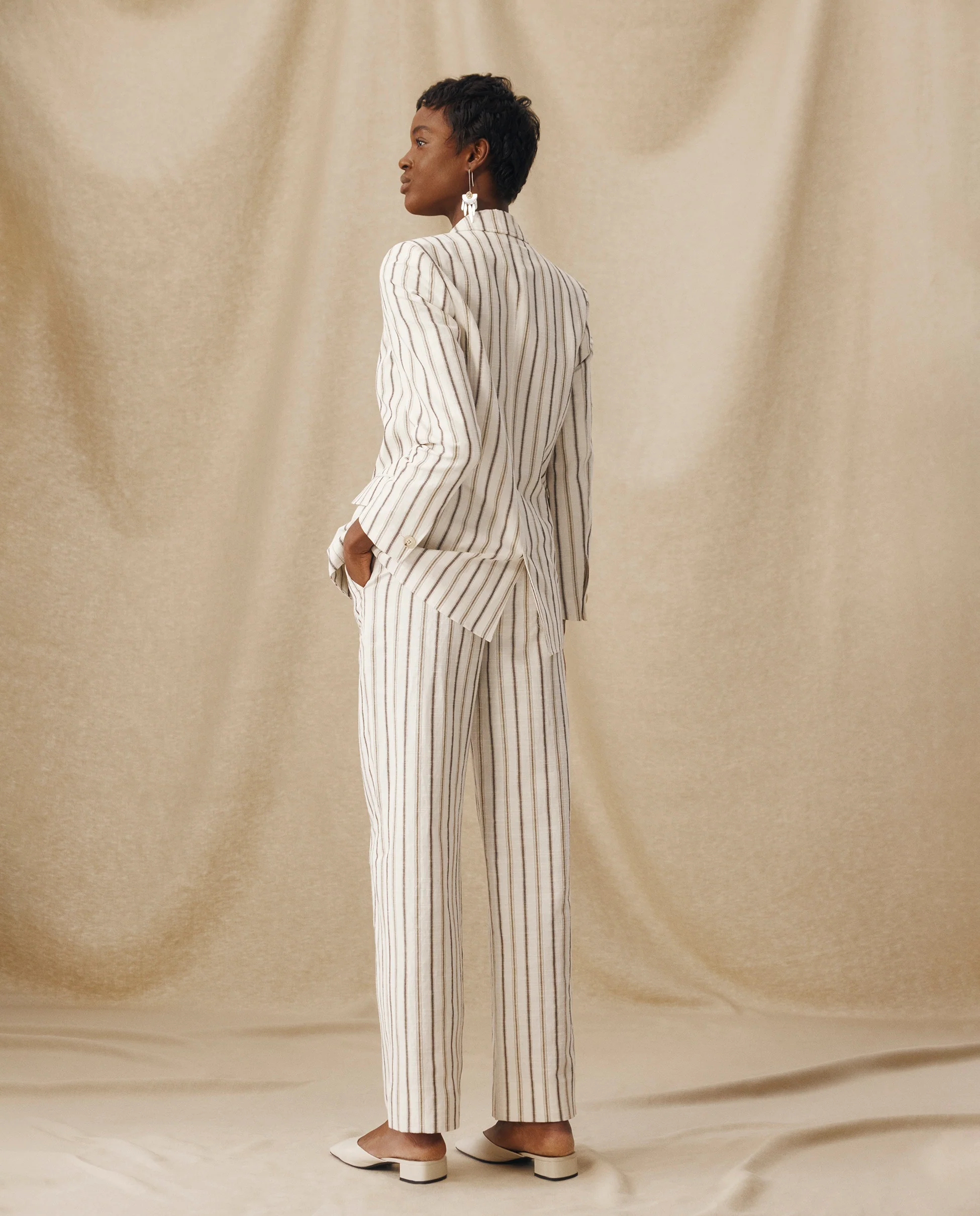 BROOKE | Ecru Subtle Stripe Structured Cotton Linen Blazer - Image 5