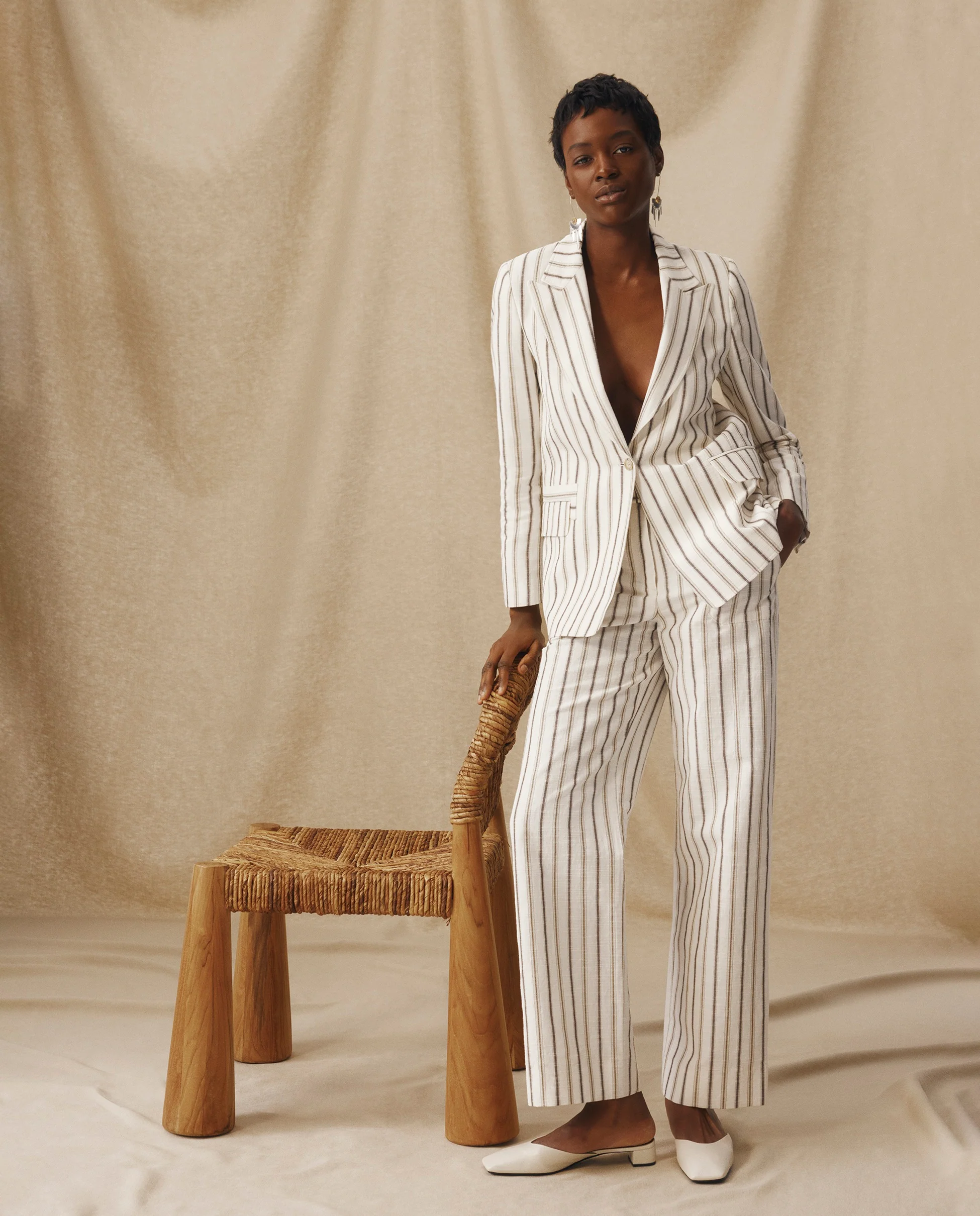 BROOKE | Ecru Subtle Stripe Structured Cotton Linen Blazer - Image 6