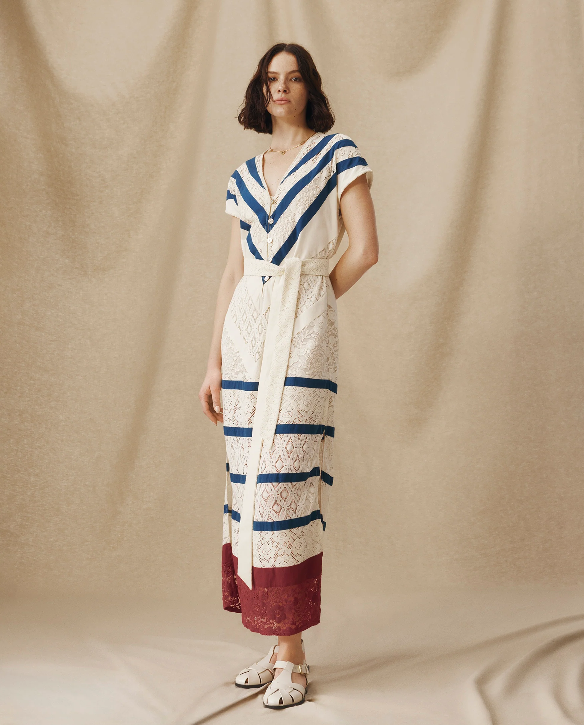 CAIMILE | Ecru Cotton Lace Tunic Dress with Navy Stripes - Image 2