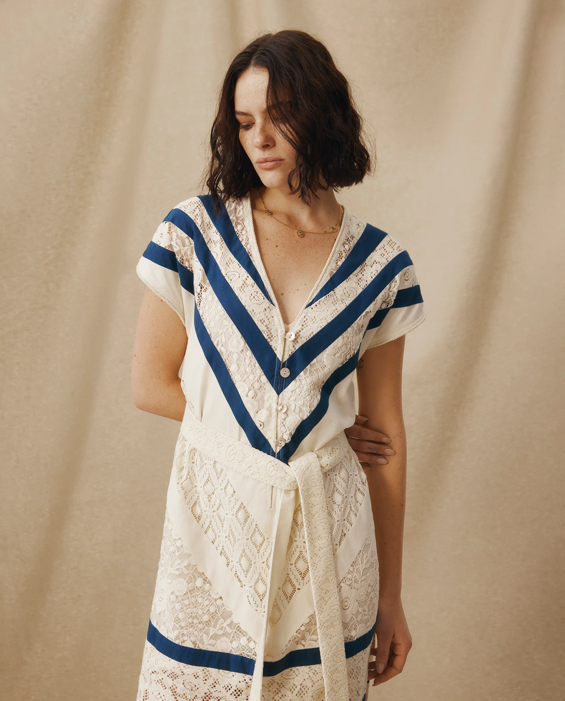 CAIMILE | Ecru Cotton Lace Tunic Dress with Navy Stripes - Image 3