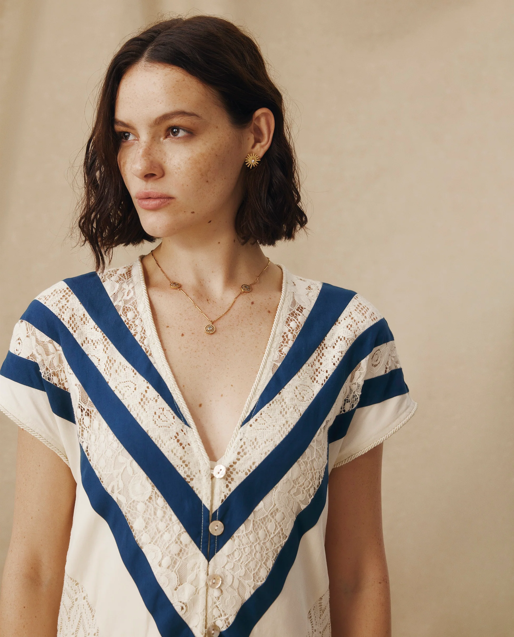 CAIMILE | Ecru Cotton Lace Tunic Dress with Navy Stripes - Image 4