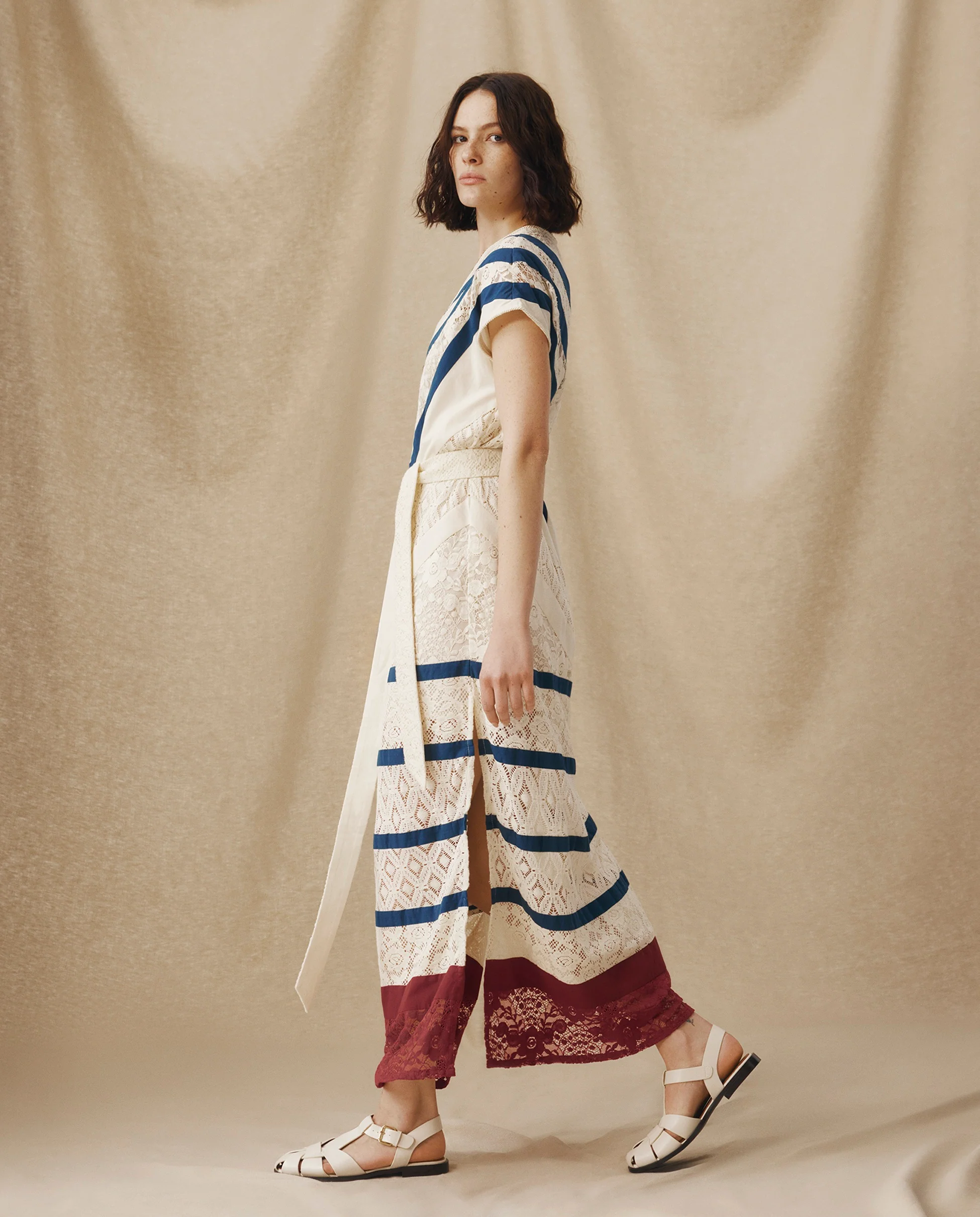 CAIMILE | Ecru Cotton Lace Tunic Dress with Navy Stripes - Image 5