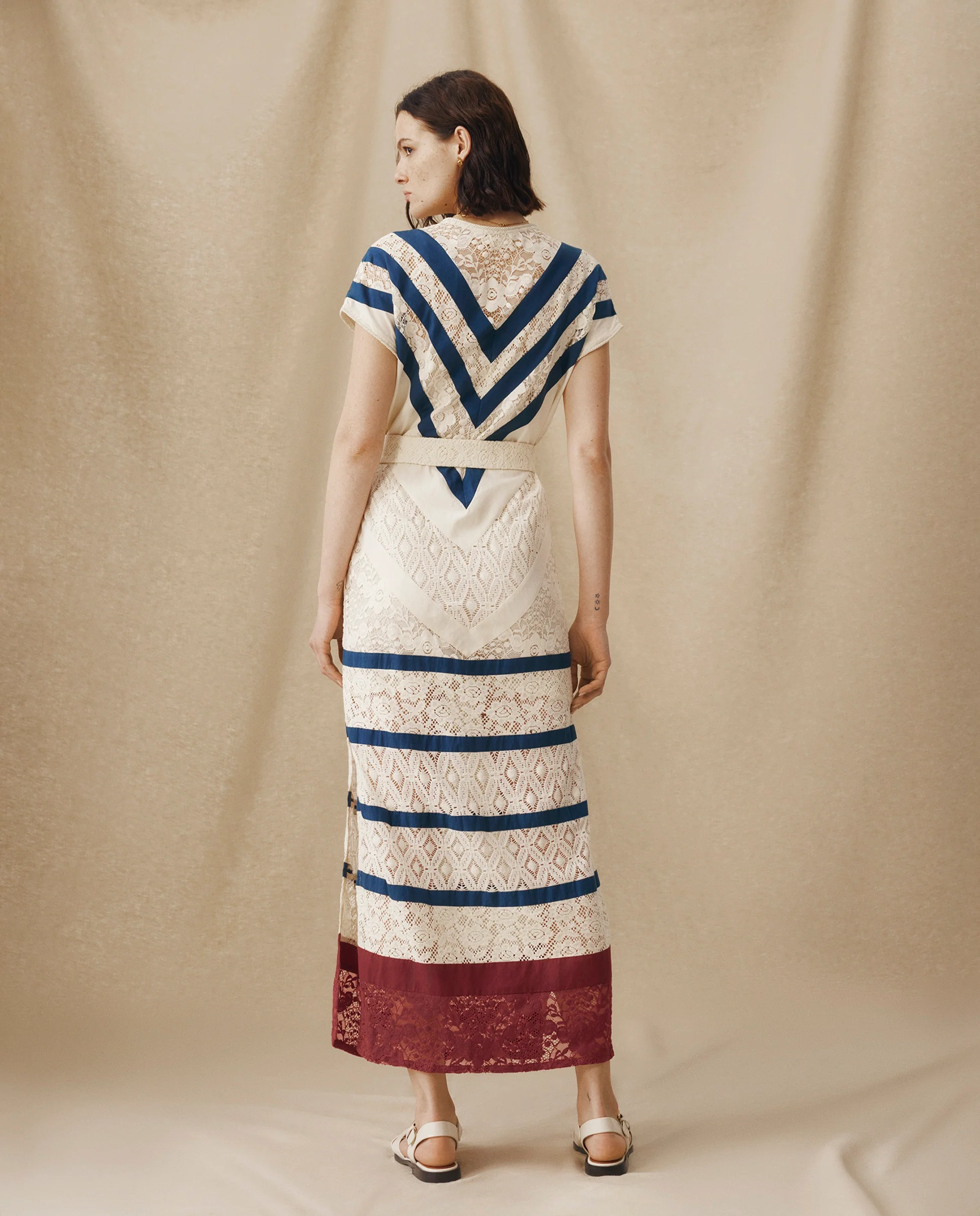 CAIMILE | Ecru Cotton Lace Tunic Dress with Navy Stripes - Image 6