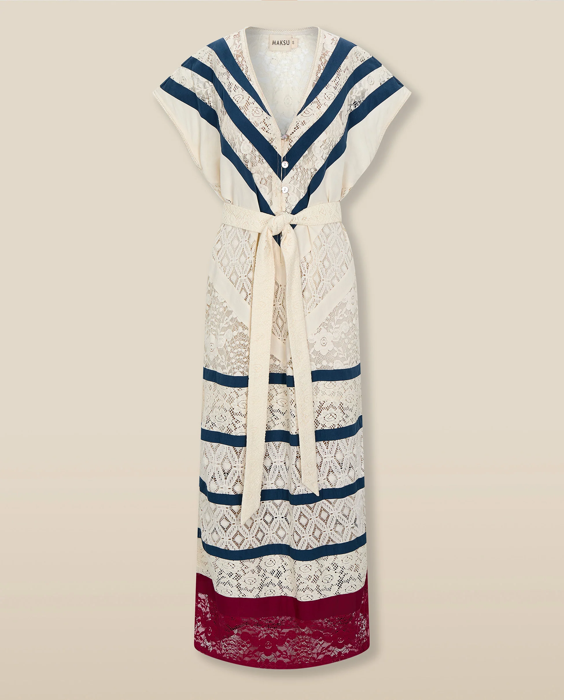 CAIMILE | Ecru Cotton Lace Tunic Dress with Navy Stripes - Image 7