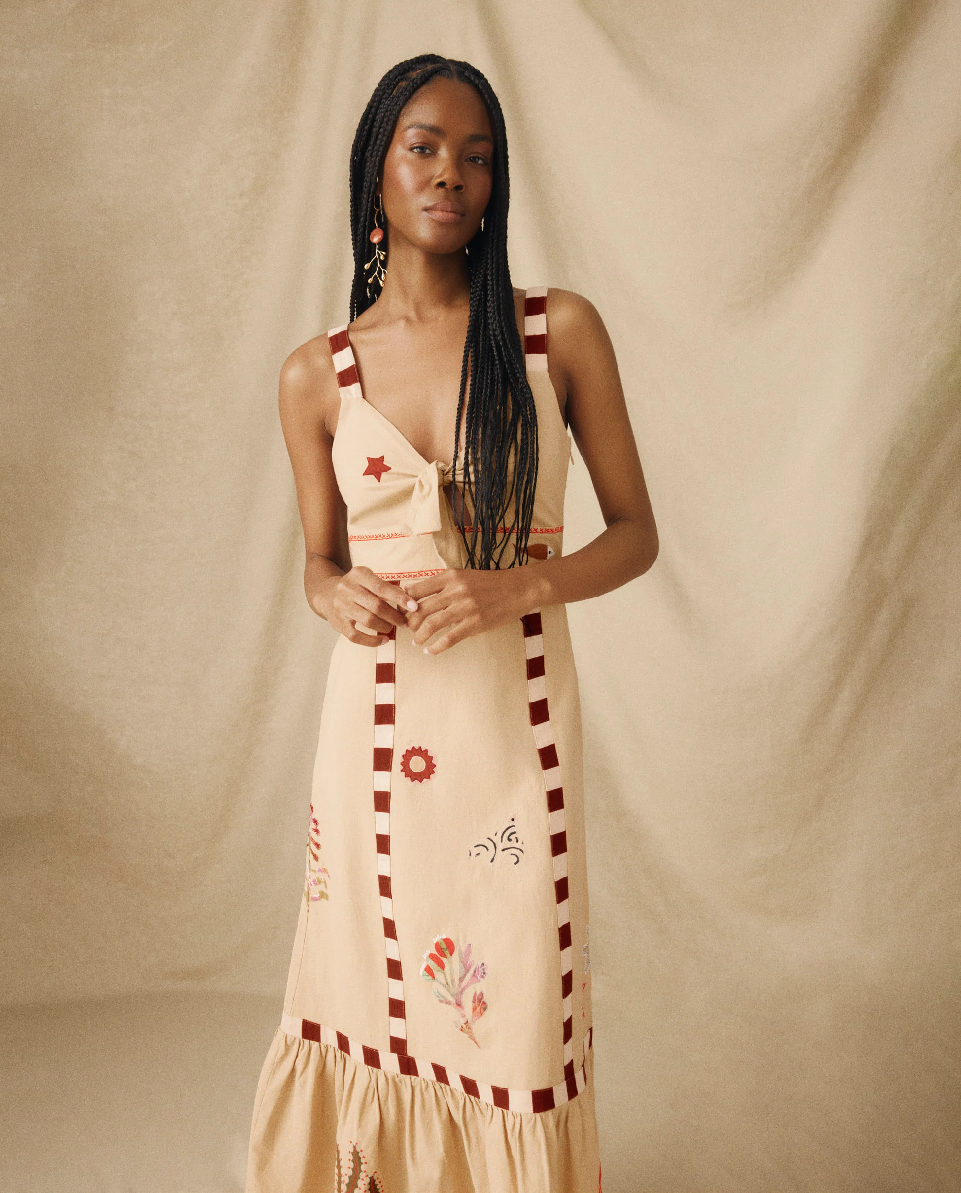 CHANDANI | Beige Embroidered Cotton-Linen Midi Dress - Image 2