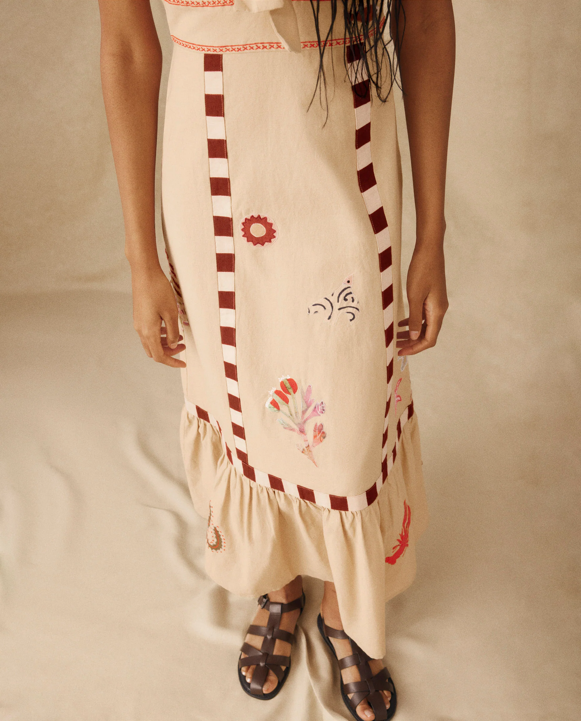 CHANDANI | Beige Embroidered Cotton-Linen Midi Dress - Image 3