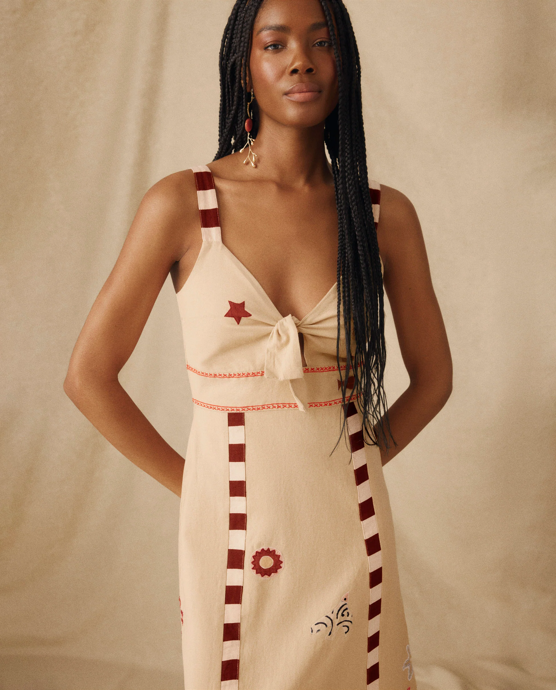 CHANDANI | Beige Embroidered Cotton-Linen Midi Dress - Image 4