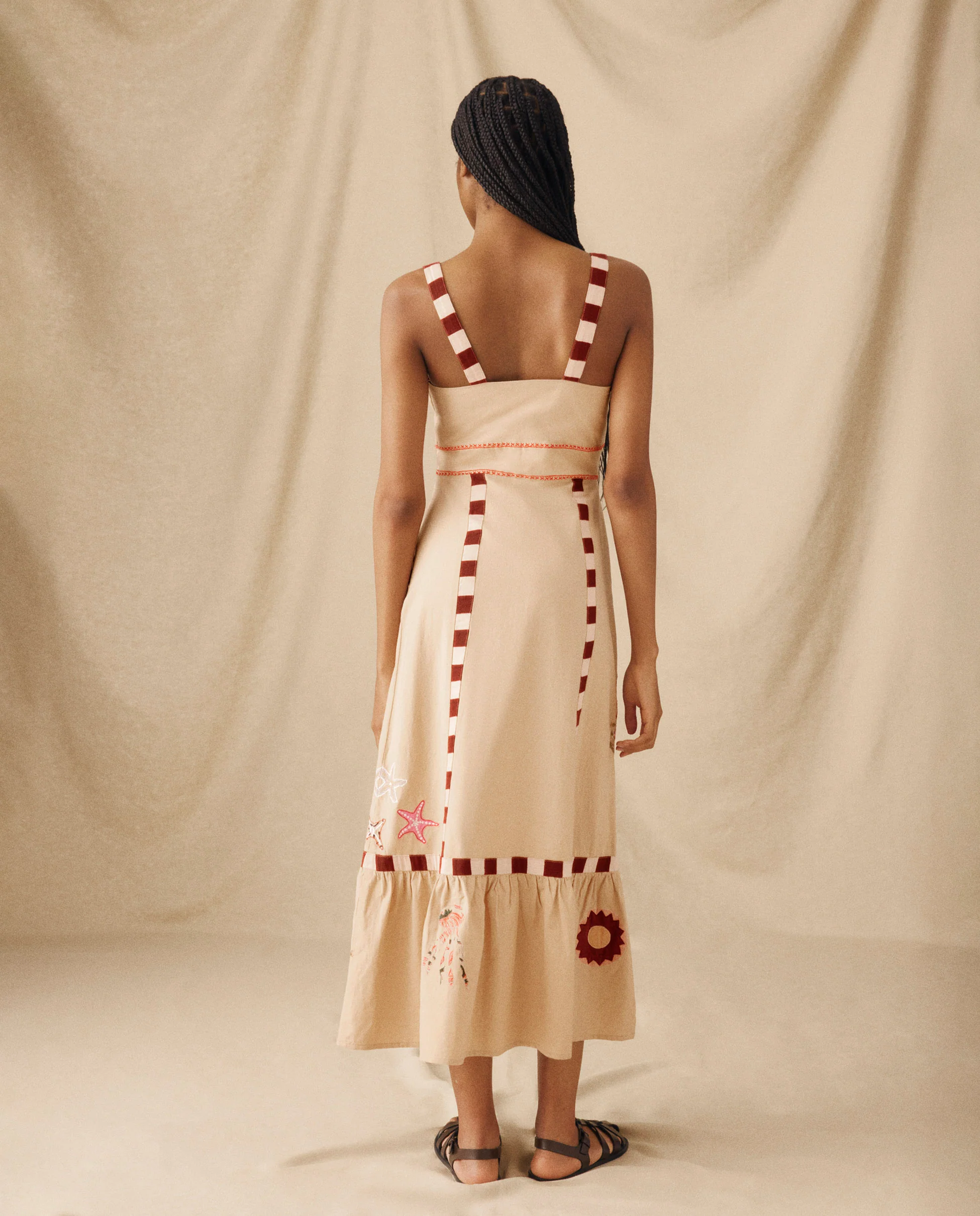 CHANDANI | Beige Embroidered Cotton-Linen Midi Dress - Image 5