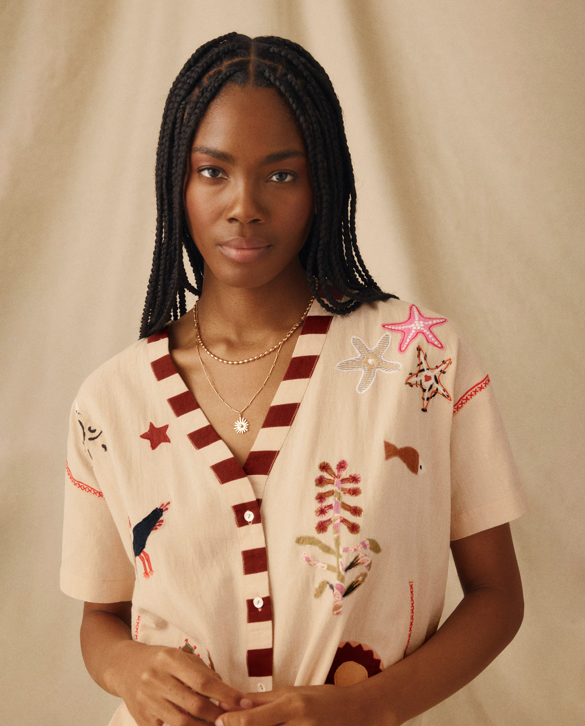 CHANDANI | Beige Floral Embroidered Tie Front Blouse - Image 2